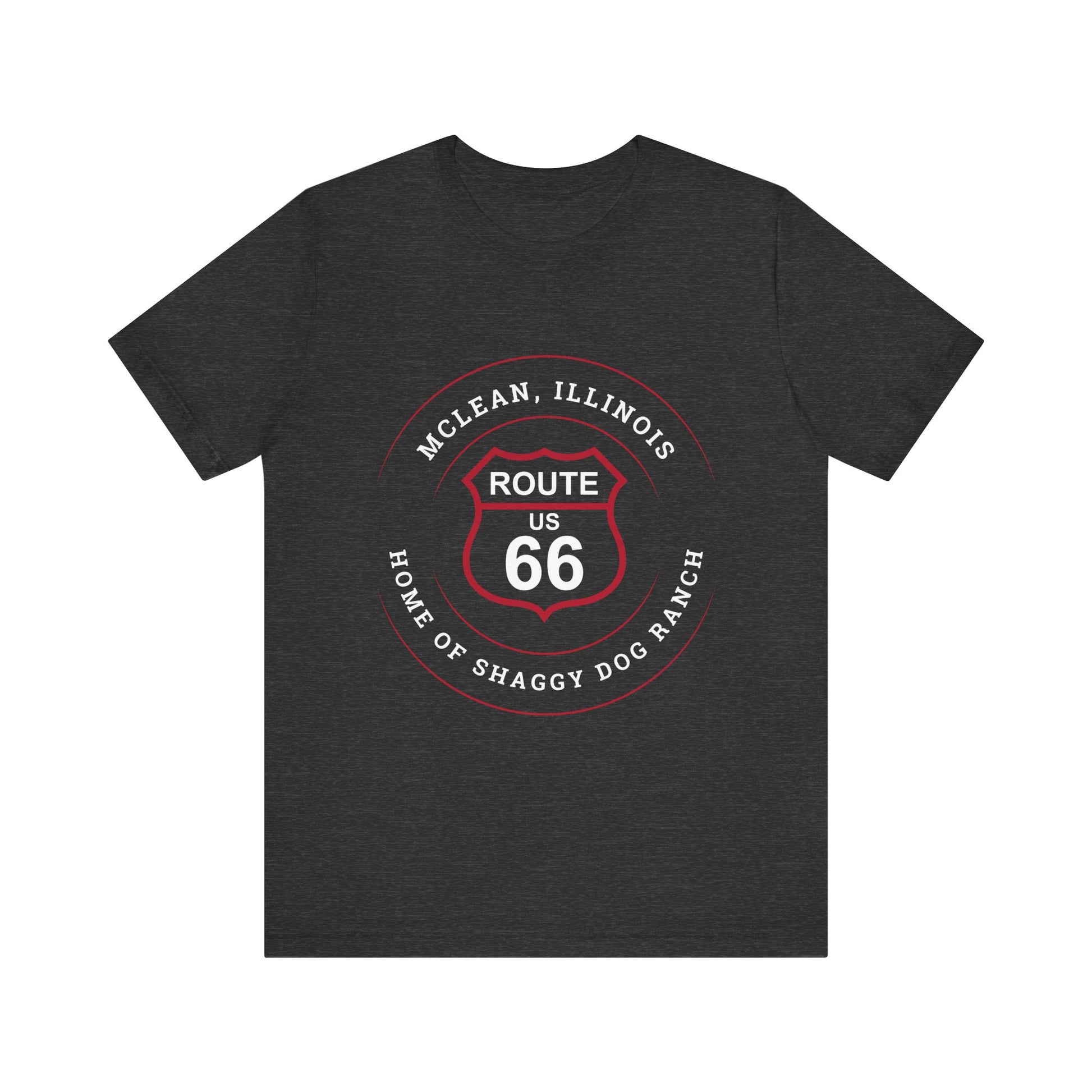 Dark grey heather retro Route 66 unisex jersey tee with McLean, IL: "Home of the Shaggy Dog Ranch" design