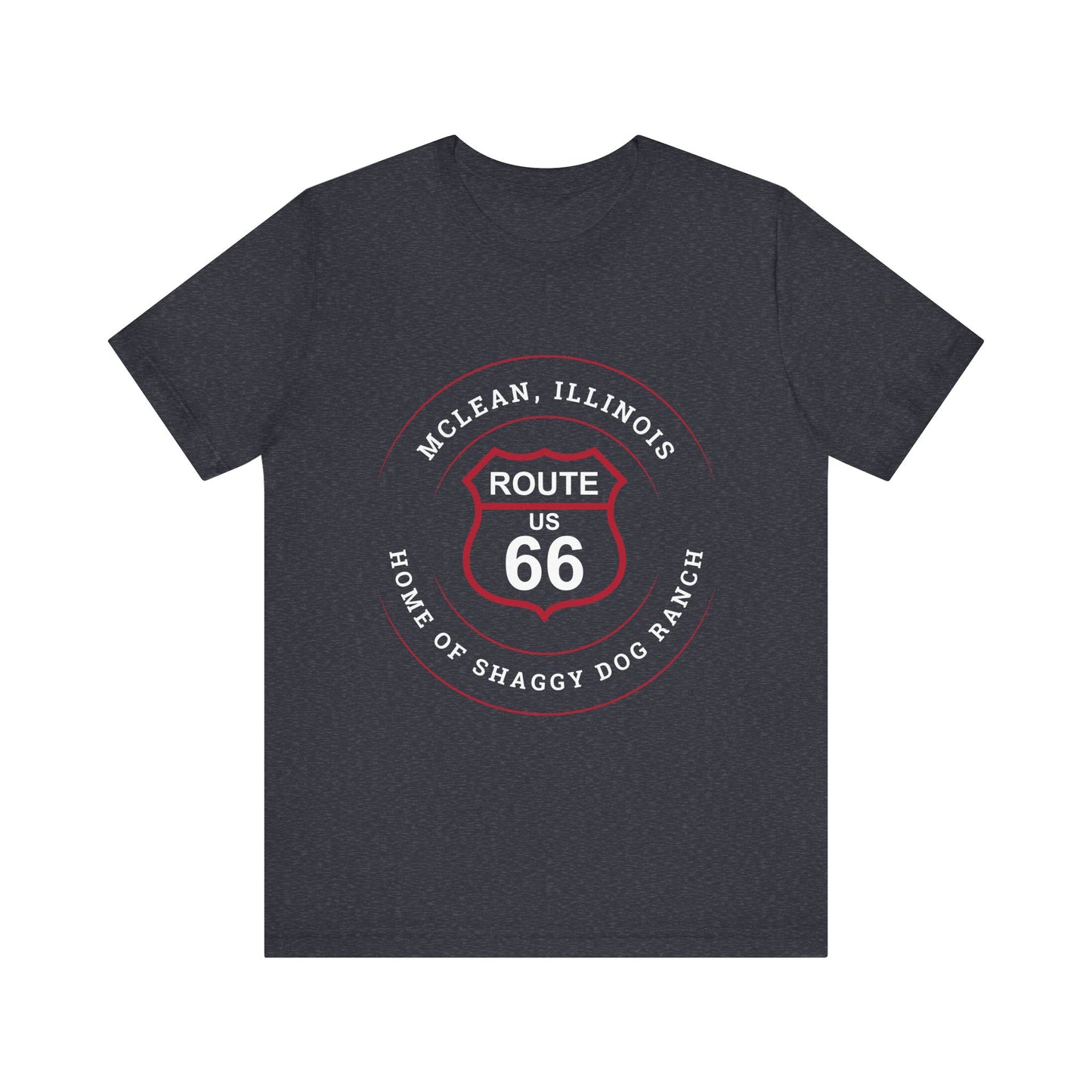 Heather navy retro Route 66 unisex jersey tee with McLean, IL: "Home of the Shaggy Dog Ranch" design