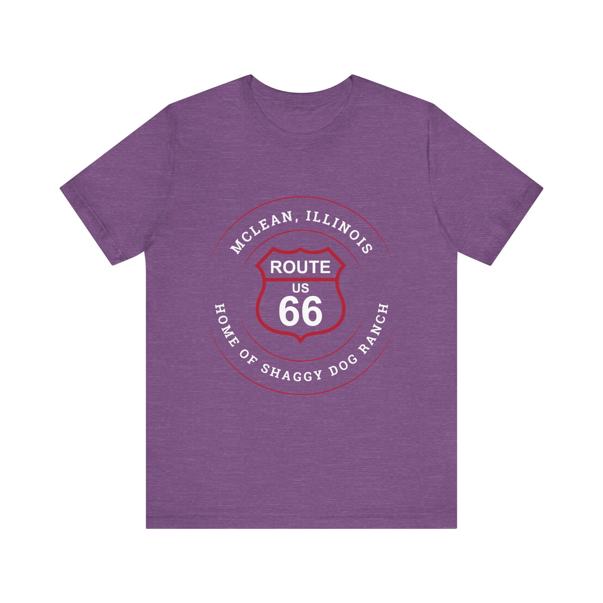 Heather team purple retro Route 66 unisex jersey tee with McLean, IL: "Home of the Shaggy Dog Ranch" design