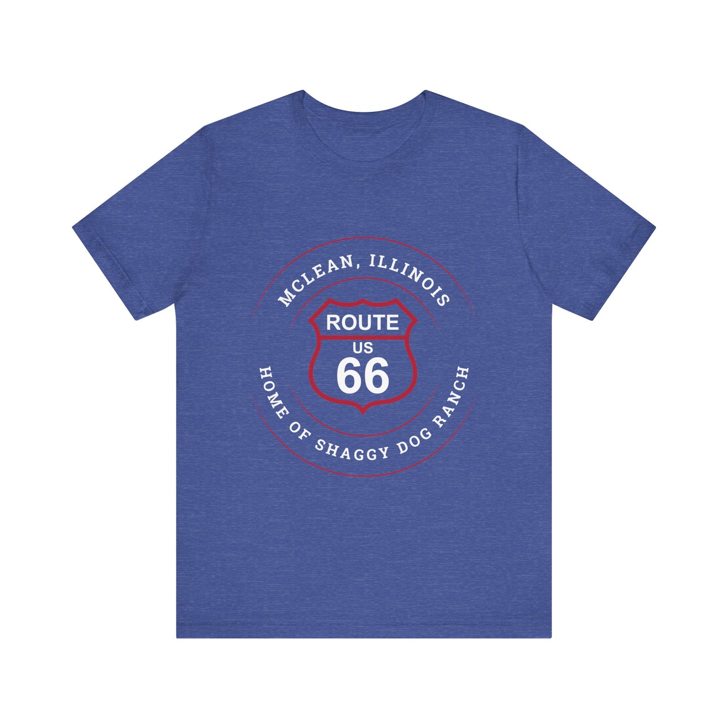 Heather true royal retro Route 66 unisex jersey tee with McLean, IL: "Home of the Shaggy Dog Ranch" design