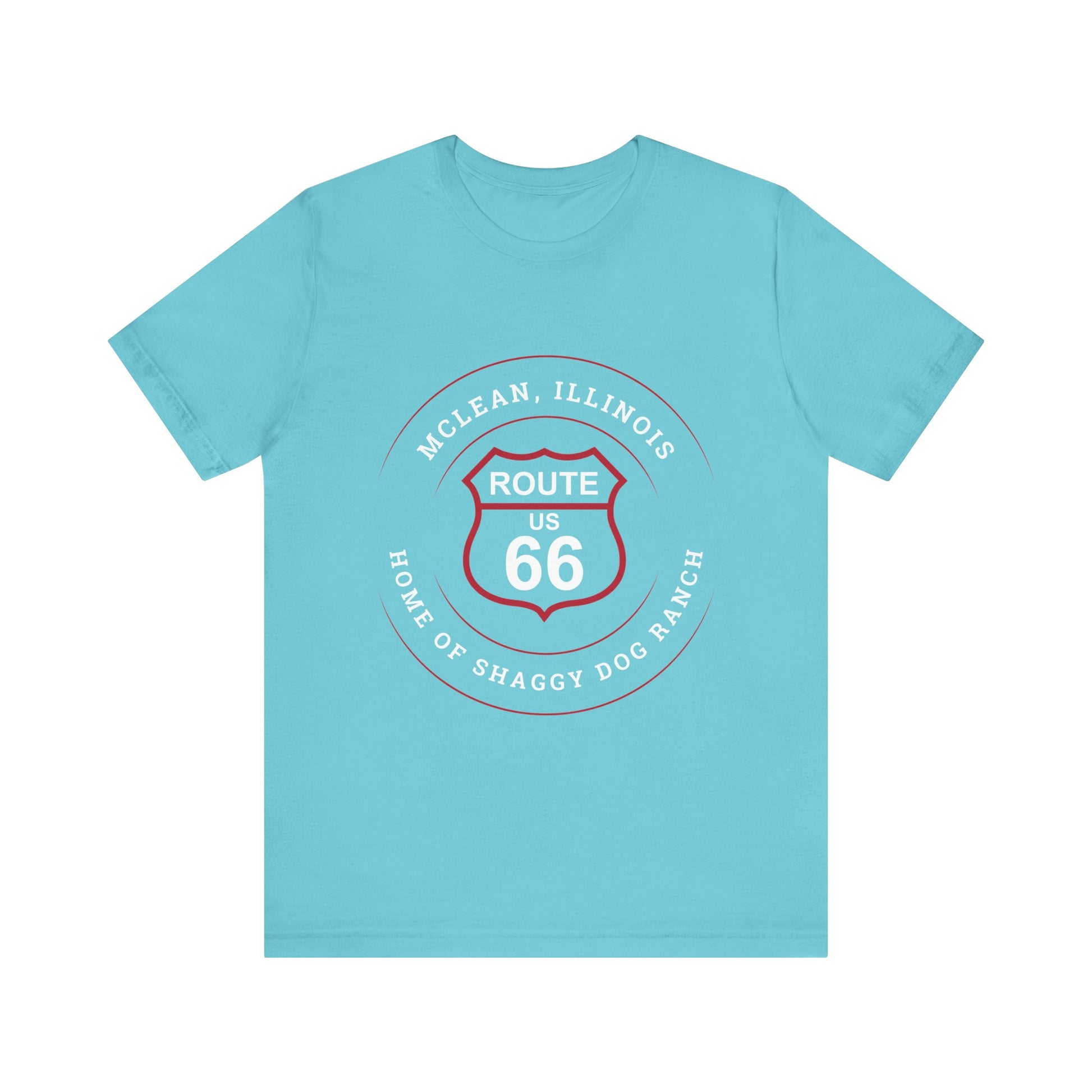 Turquoise retro Route 66 unisex jersey tee with McLean, IL: "Home of the Shaggy Dog Ranch" design