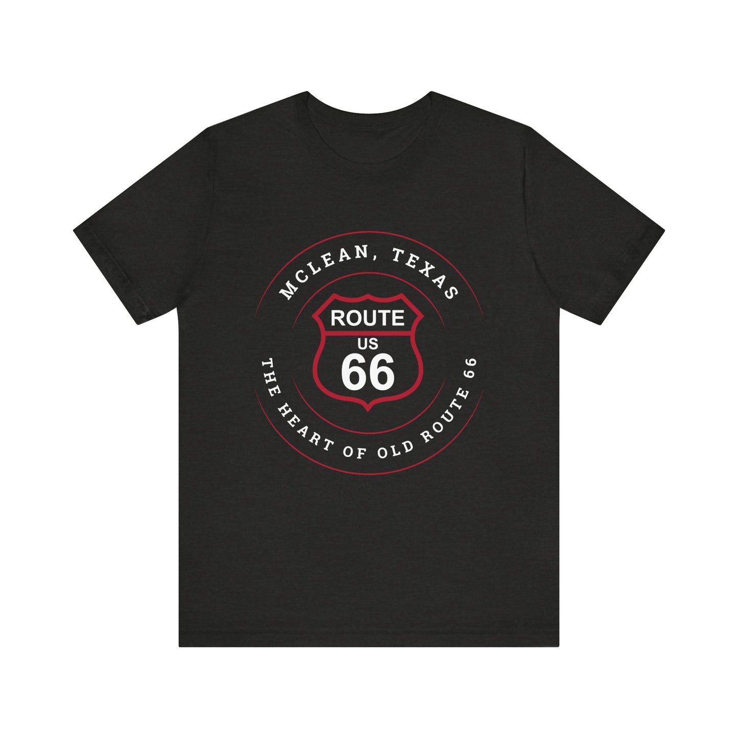 Black heather retro Route 66 unisex jersey tee with McLean, TX: The Heart of Old Route 66 graphic