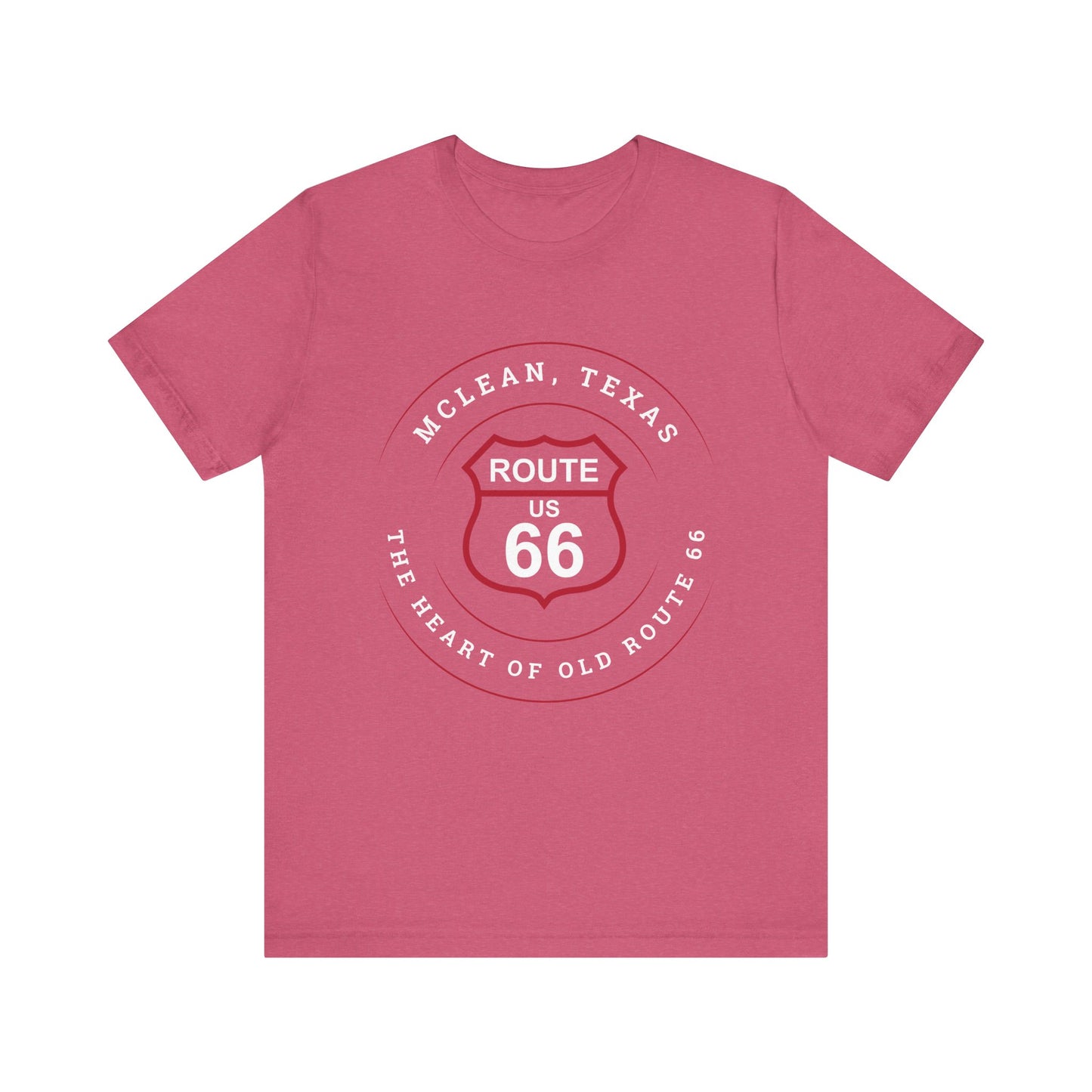 Heather raspberry retro Route 66 unisex jersey tee with McLean, TX: The Heart of Old Route 66 graphic