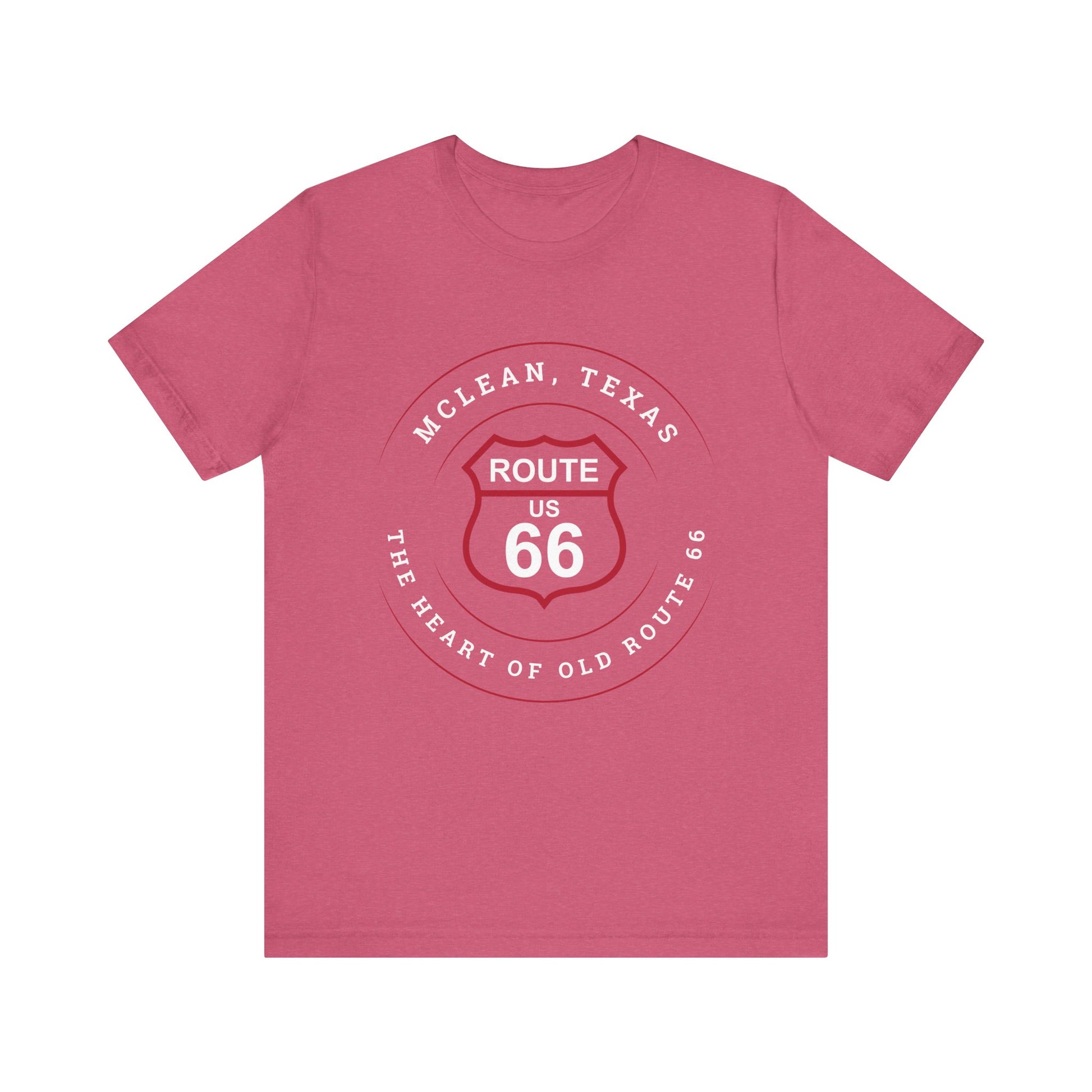 Heather raspberry retro Route 66 unisex jersey tee with McLean, TX: The Heart of Old Route 66 graphic