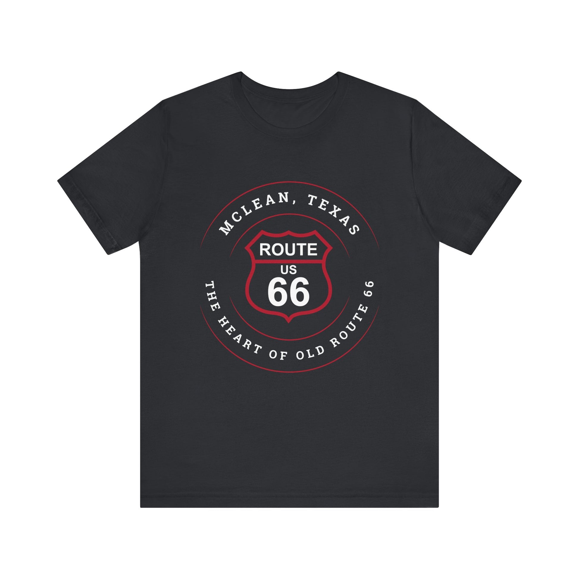 Vintage black retro Route 66 unisex jersey tee with McLean, TX: The Heart of Old Route 66 graphic