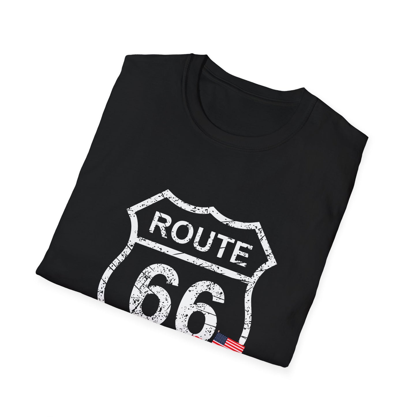 Folded black Route 66 Memorial Day T-shirt featuring distressed shield, combat boots, three red poppies and two American flags in a patriotic tribute design.