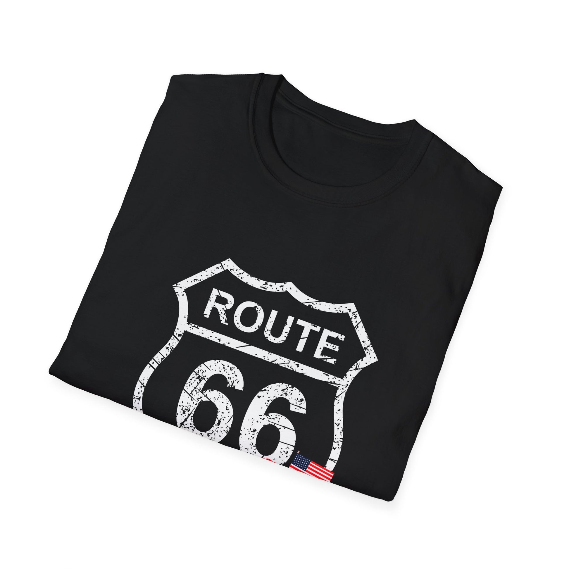 Folded black Route 66 Memorial Day T-shirt featuring distressed shield, combat boots, three red poppies and two American flags in a patriotic tribute design.