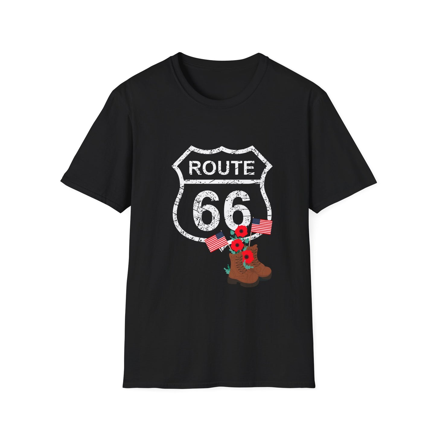 Black Route 66 Memorial Day T-Shirt with distressed shield, poppies, flags and boots on a plain background - perfect patriotic shirt for Memorial Day or Veterans Day