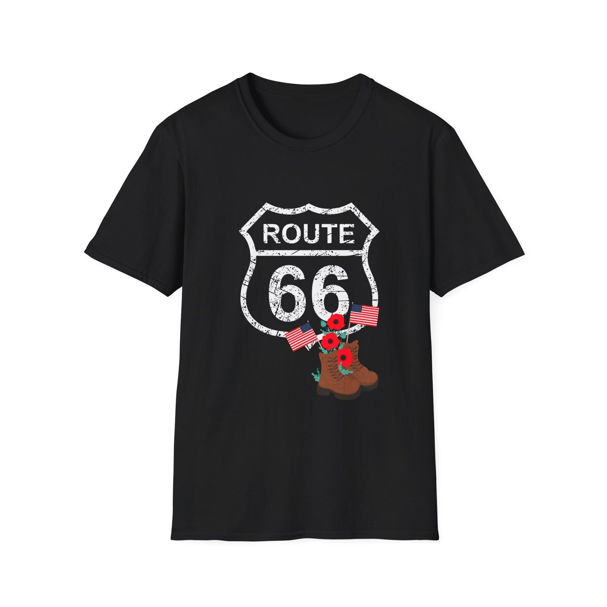 Black Route 66 Memorial Day T-Shirt with distressed shield, poppies, flags and boots on a plain background - perfect patriotic shirt for Memorial Day or Veterans Day