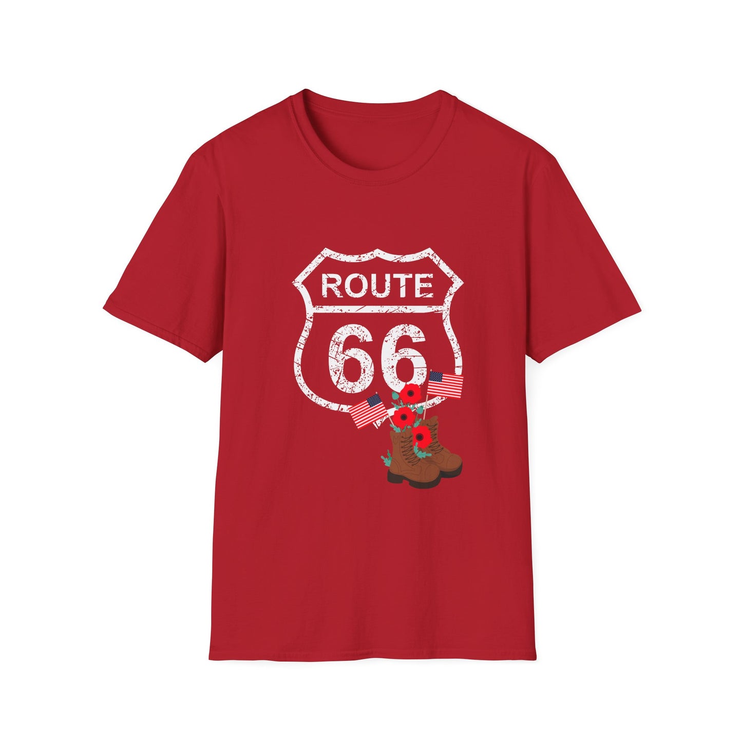 Cherry red Route 66 Memorial Day T-Shirt with distressed shield, poppies, flags and boots on a plain background - perfect patriotic shirt for Memorial Day or Veterans Day