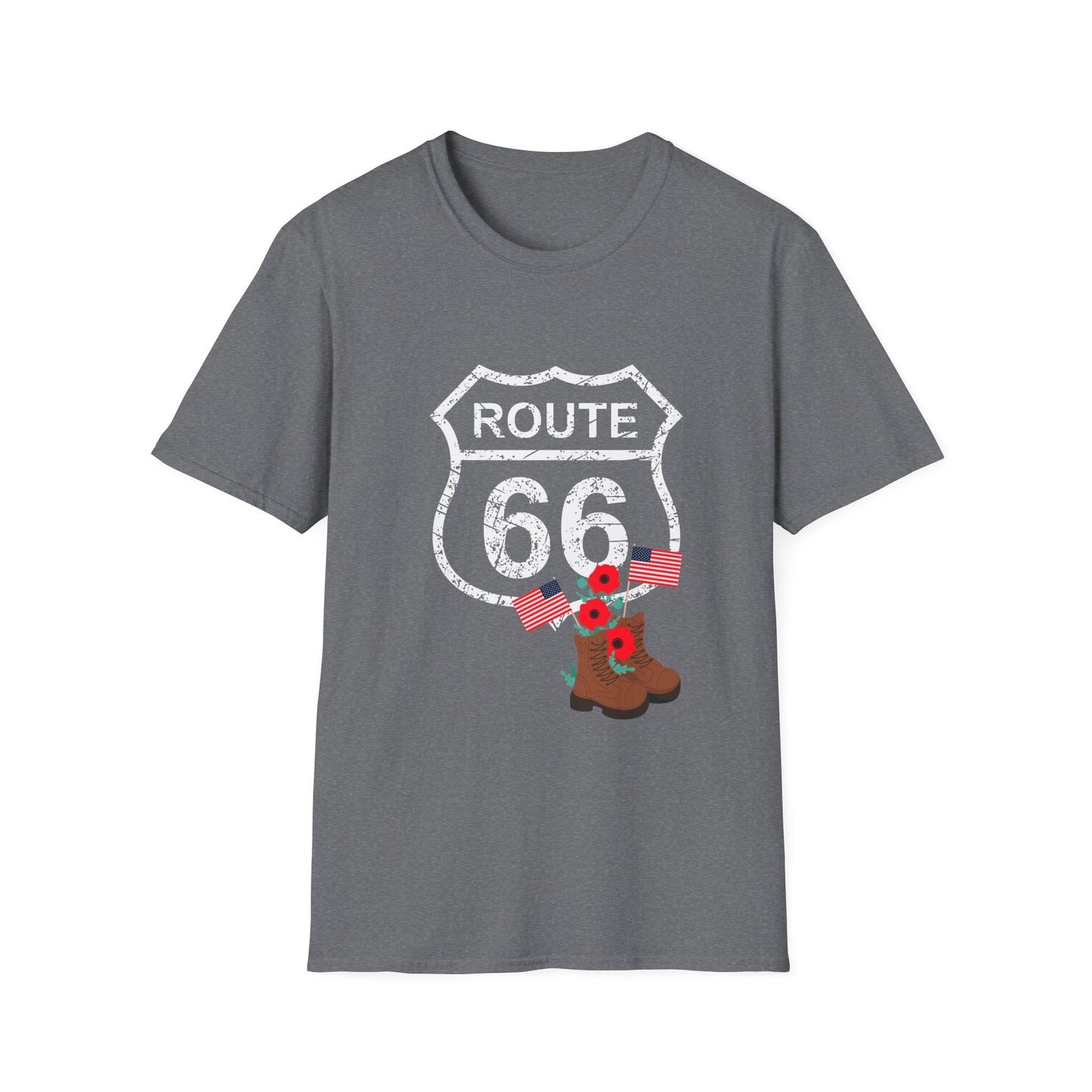 Graphite heather Route 66 Memorial Day T-Shirt with distressed shield, poppies, flags and boots on a plain background - perfect patriotic shirt for Memorial Day or Veterans Day