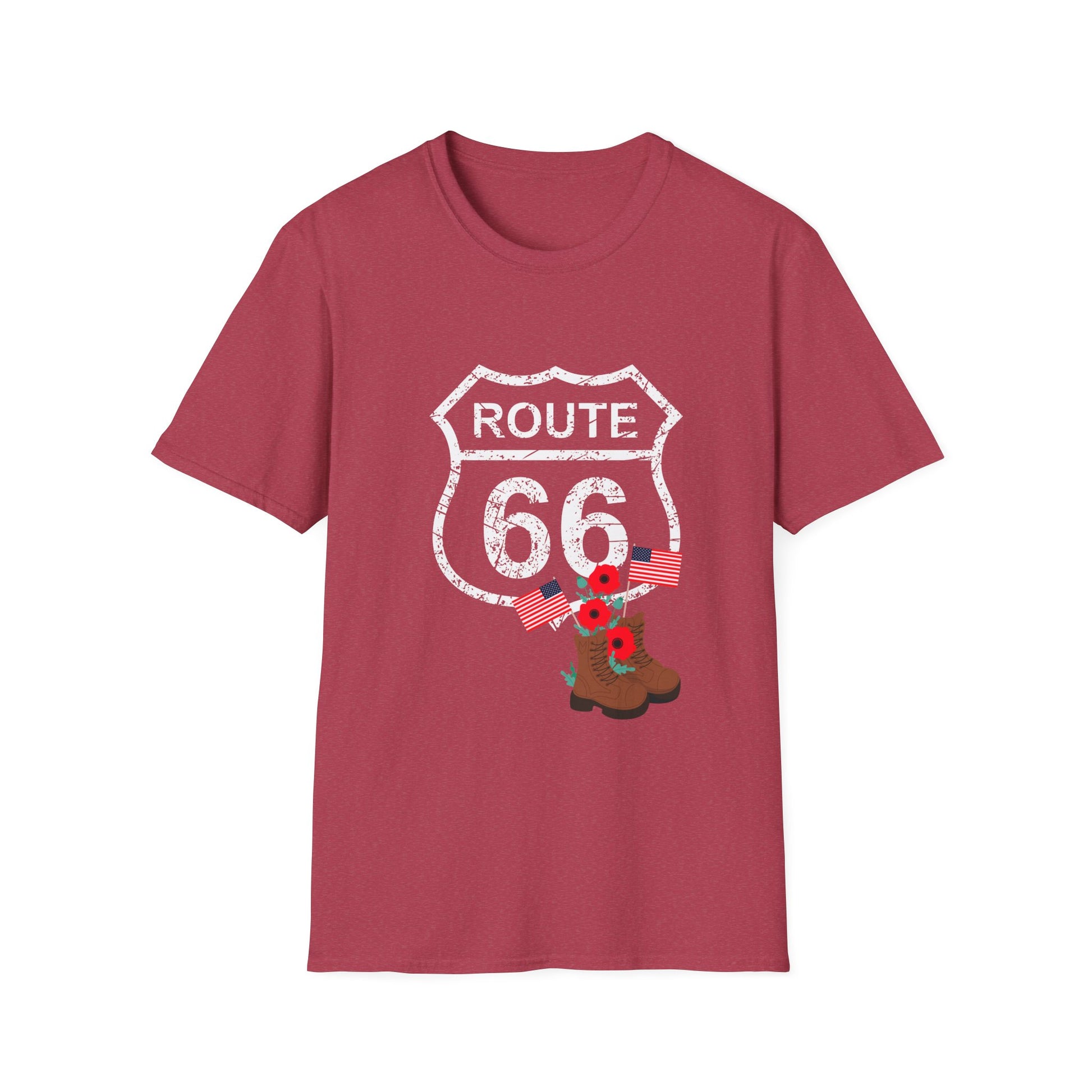 Heather cardinal Route 66 Memorial Day T-Shirt with distressed shield, poppies, flags and boots on a plain background - perfect patriotic shirt for Memorial Day or Veterans Day