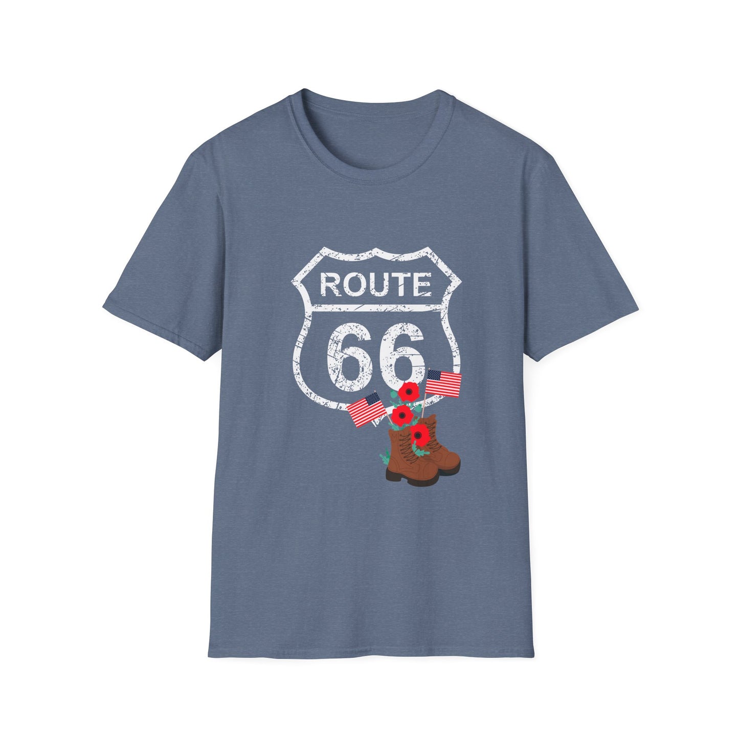 Heather indigo Route 66 Memorial Day T-Shirt with distressed shield, poppies, flags and boots on a plain background - perfect patriotic shirt for Memorial Day or Veterans Day