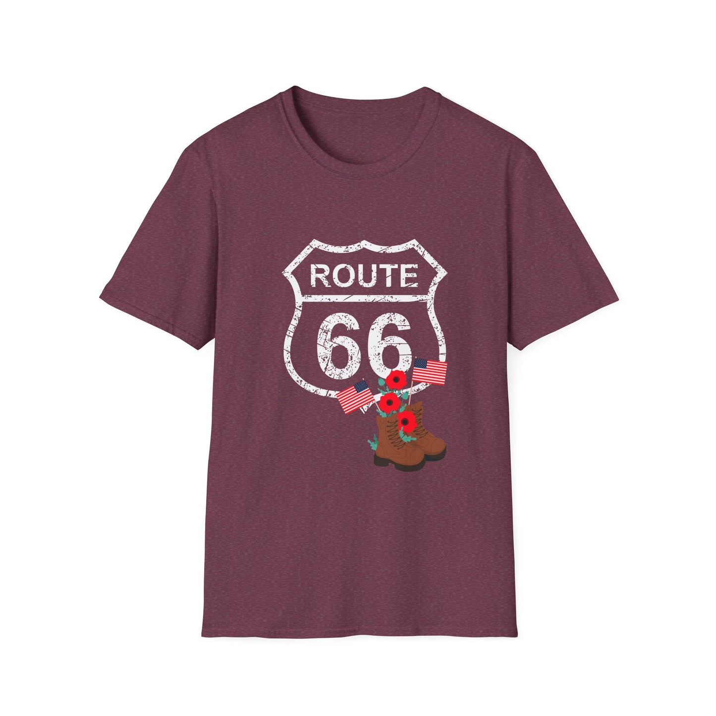 Heather maroon Route 66 Memorial Day T-Shirt with distressed shield, poppies, flags and boots on a plain background - perfect patriotic shirt for Memorial Day or Veterans Day