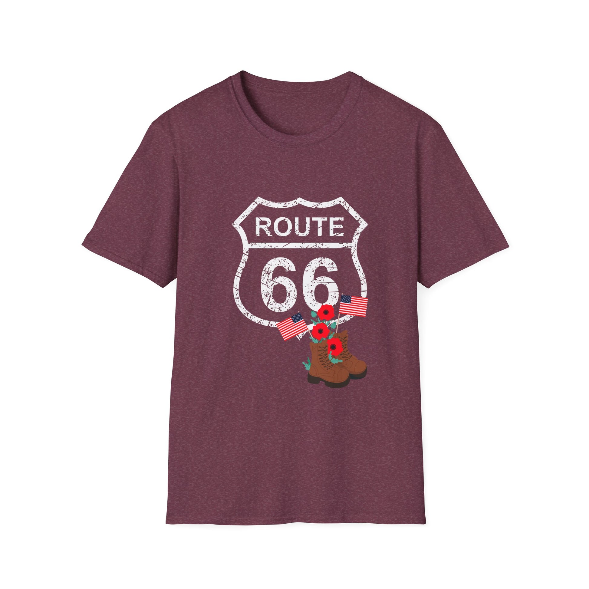 Heather maroon Route 66 Memorial Day T-Shirt with distressed shield, poppies, flags and boots on a plain background - perfect patriotic shirt for Memorial Day or Veterans Day
