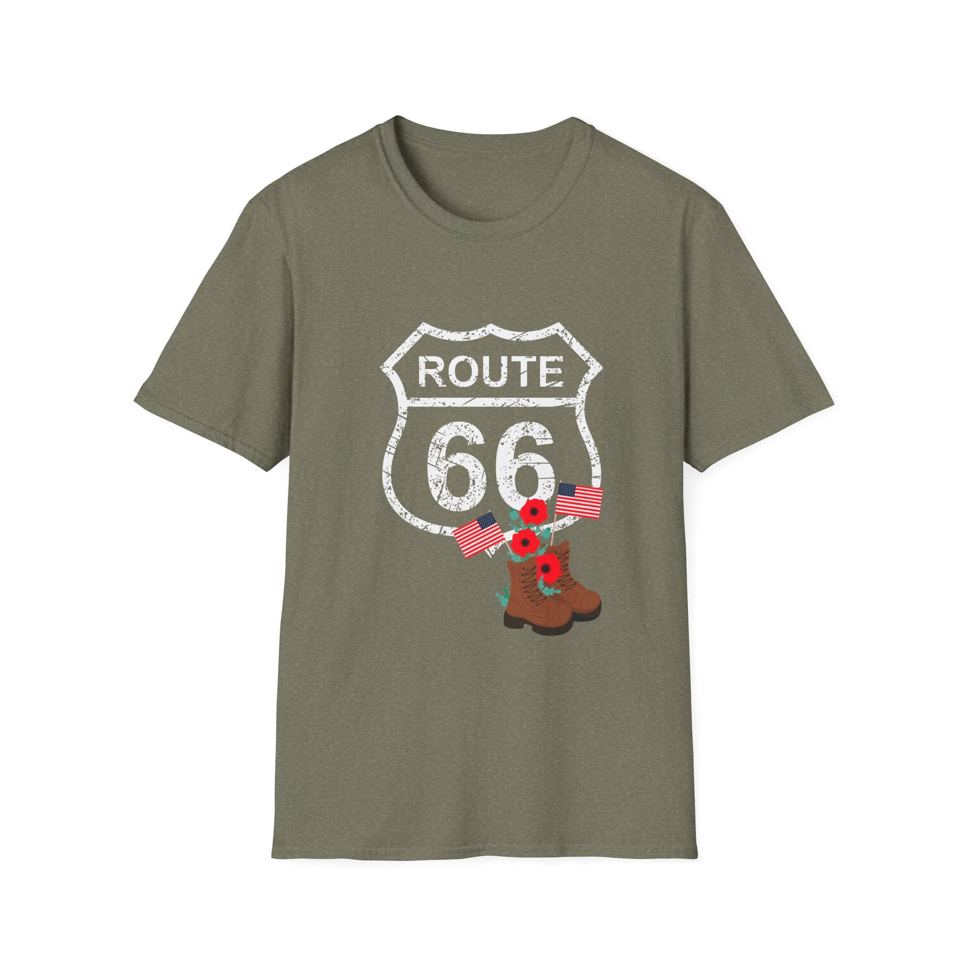 Heather military green Route 66 Memorial Day T-Shirt with distressed shield, poppies, flags and boots on a plain background - perfect patriotic shirt for Memorial Day or Veterans Day
