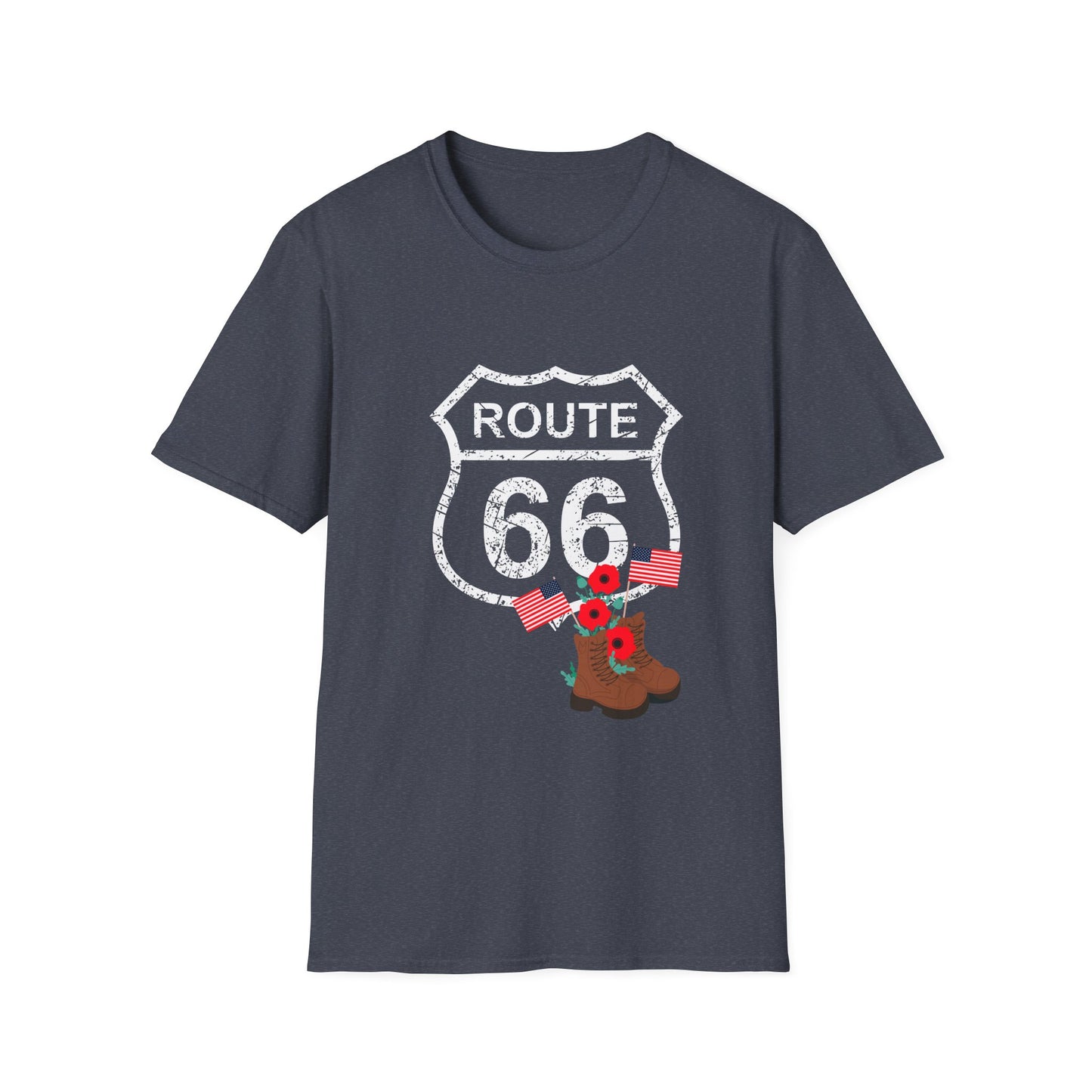 Heather navy Route 66 Memorial Day T-Shirt with distressed shield, poppies, flags and boots on a plain background - perfect patriotic shirt for Memorial Day or Veterans Day