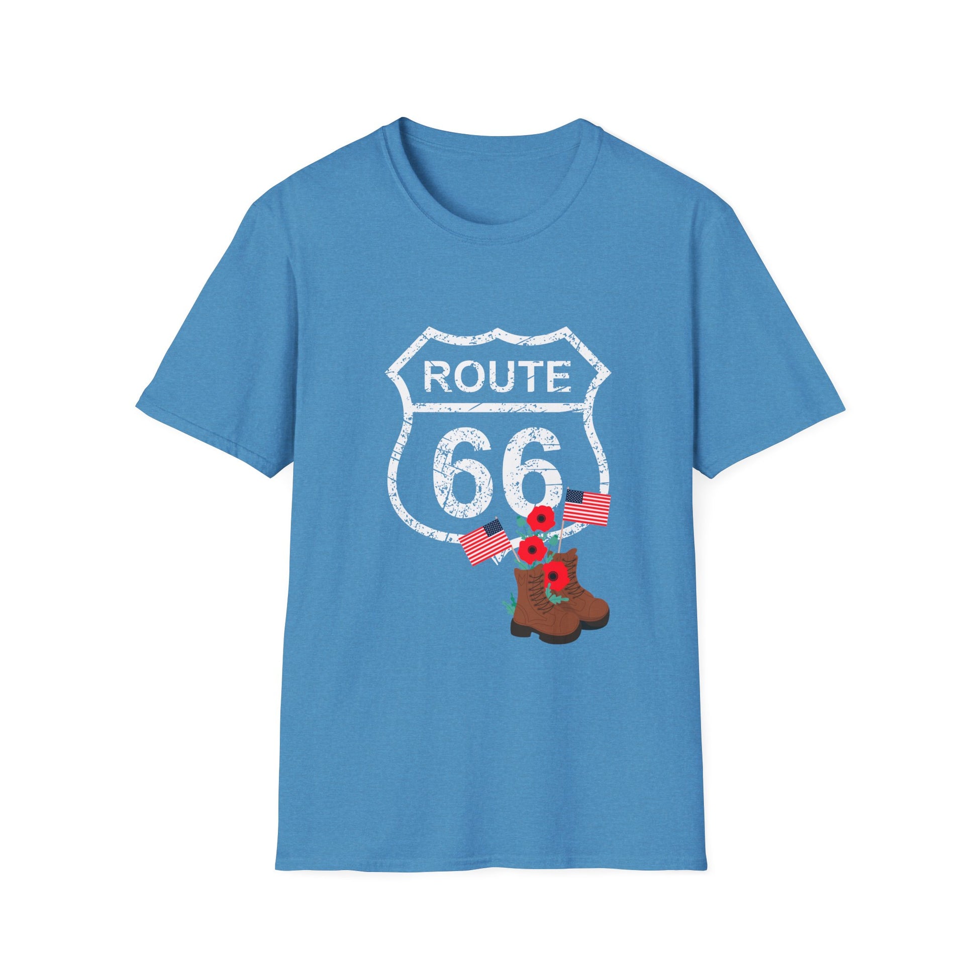 Heather sapphire Route 66 Memorial Day T-Shirt with distressed shield, poppies, flags and boots on a plain background - perfect patriotic shirt for Memorial Day or Veterans Day
