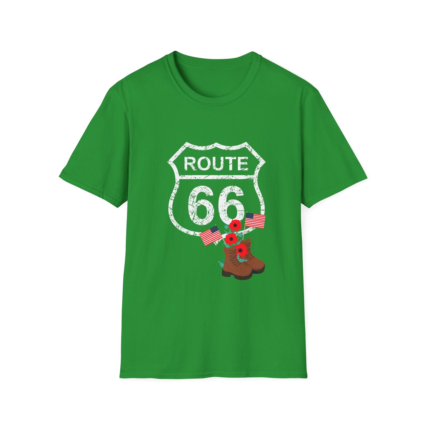 Irish green Route 66 Memorial Day T-Shirt with distressed shield, poppies, flags and boots on a plain background - perfect patriotic shirt for Memorial Day or Veterans Day