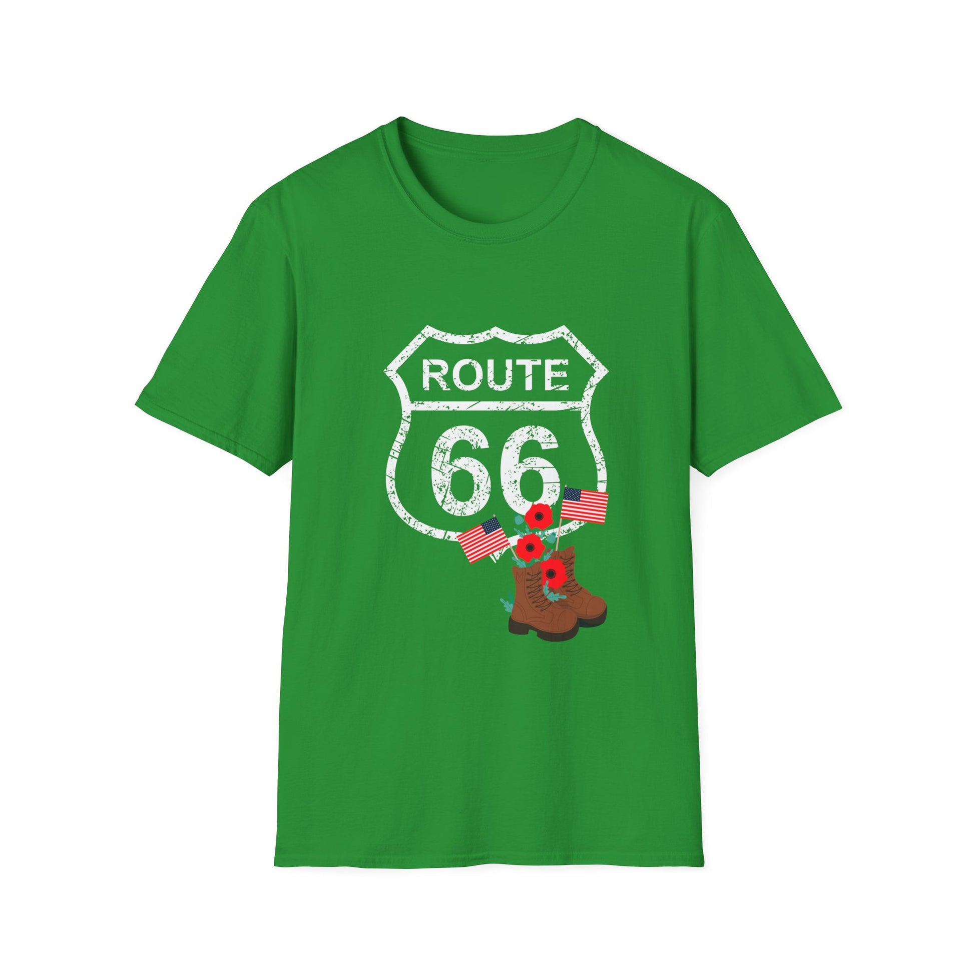 Irish green Route 66 Memorial Day T-Shirt with distressed shield, poppies, flags and boots on a plain background - perfect patriotic shirt for Memorial Day or Veterans Day