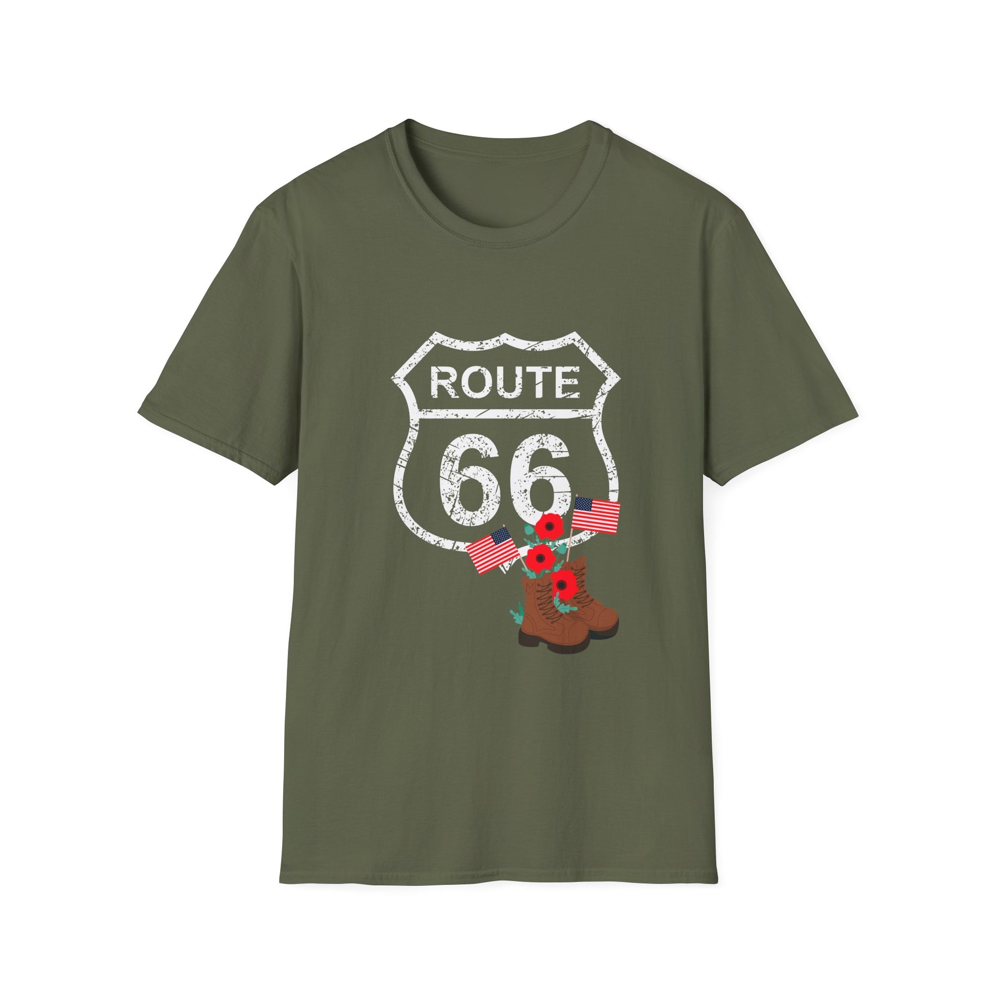 Military green Route 66 Memorial Day T-Shirt with distressed shield, poppies, flags and boots on a plain background - perfect patriotic shirt for Memorial Day or Veterans Day