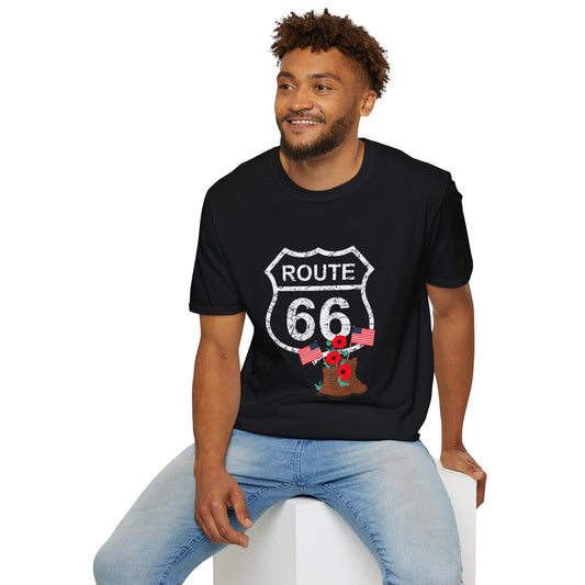 Smiling man wearing a black Route 66 Memorial Day Tee featuring distressed shield, combat boots, red poppies and American flags - patriotic tribute design.