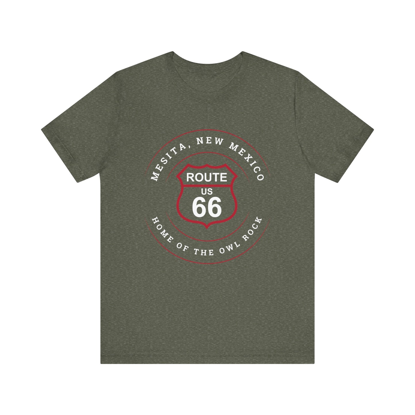 Heather military green retro Route 66 unisex jersey tee with Mesita, NM: "Home of the Owl Rock" design