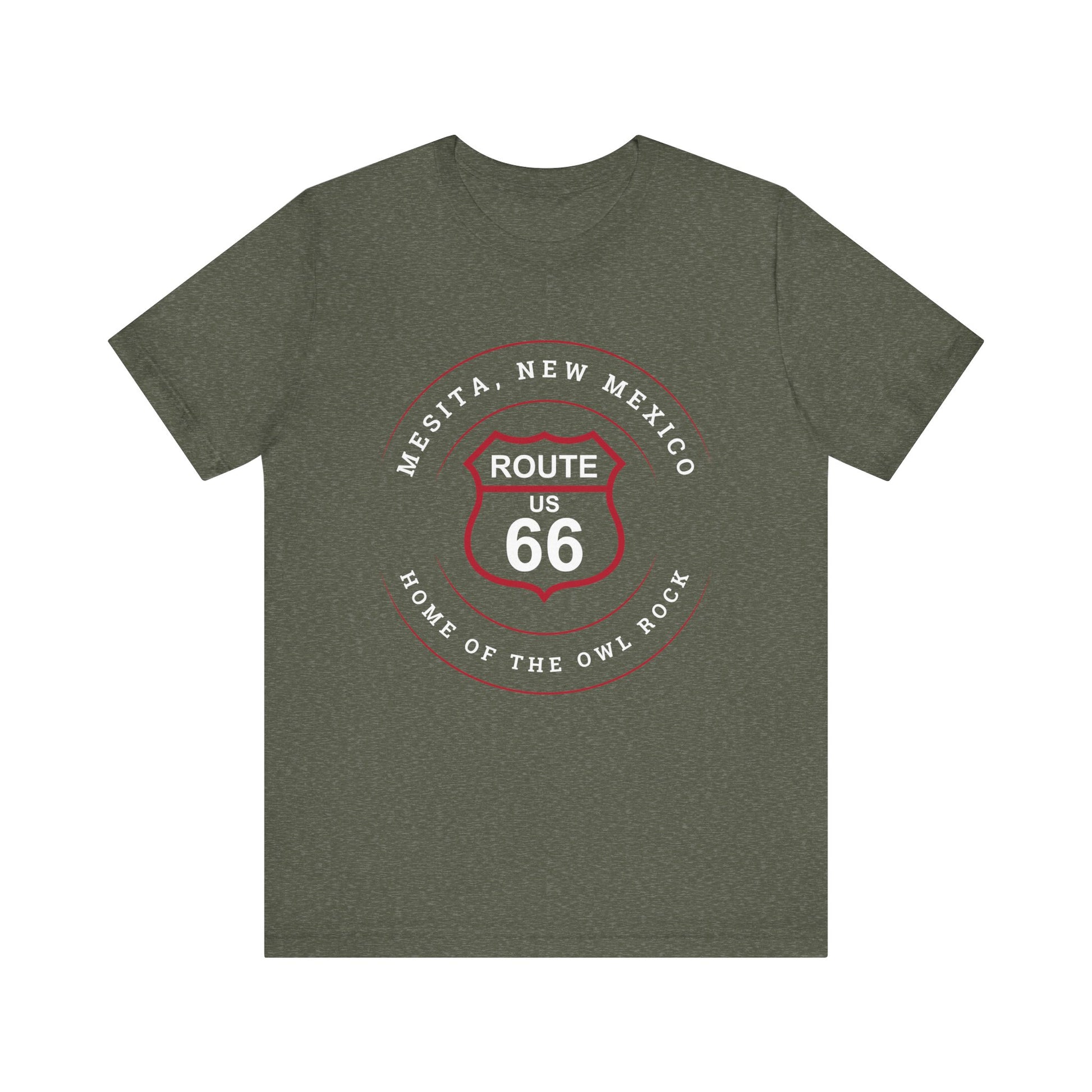 Heather military green retro Route 66 unisex jersey tee with Mesita, NM: "Home of the Owl Rock" design