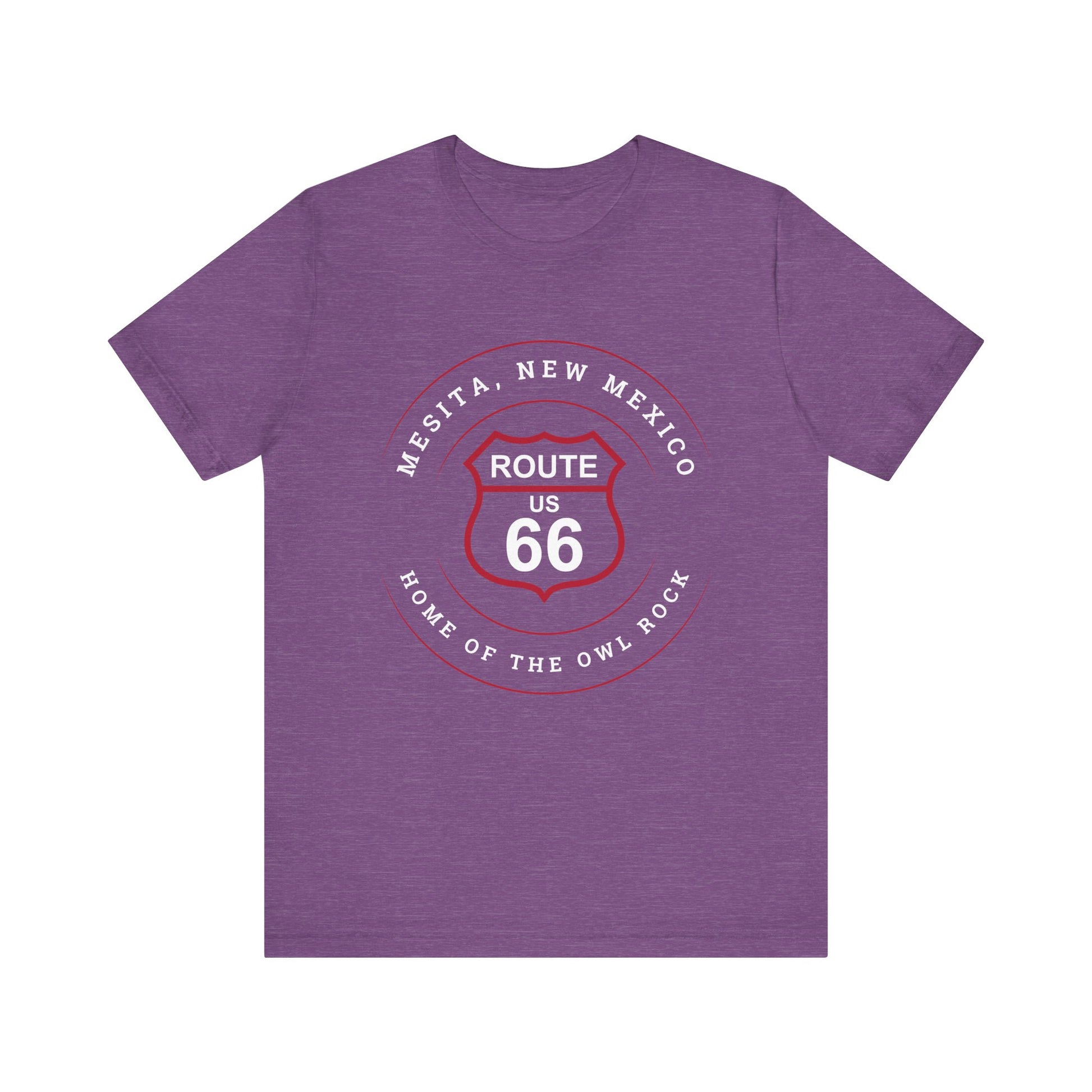 Heather team purple retro Route 66 unisex jersey tee with Mesita, NM: "Home of the Owl Rock" design
