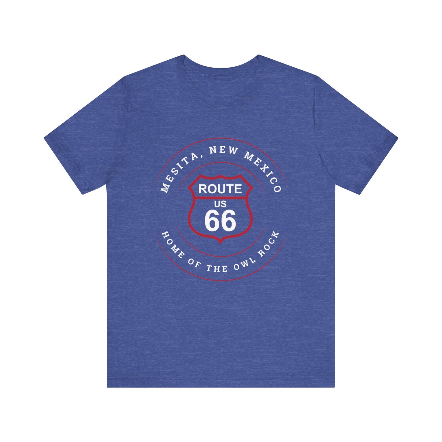 Heather true royal retro Route 66 unisex jersey tee with Mesita, NM: "Home of the Owl Rock" design