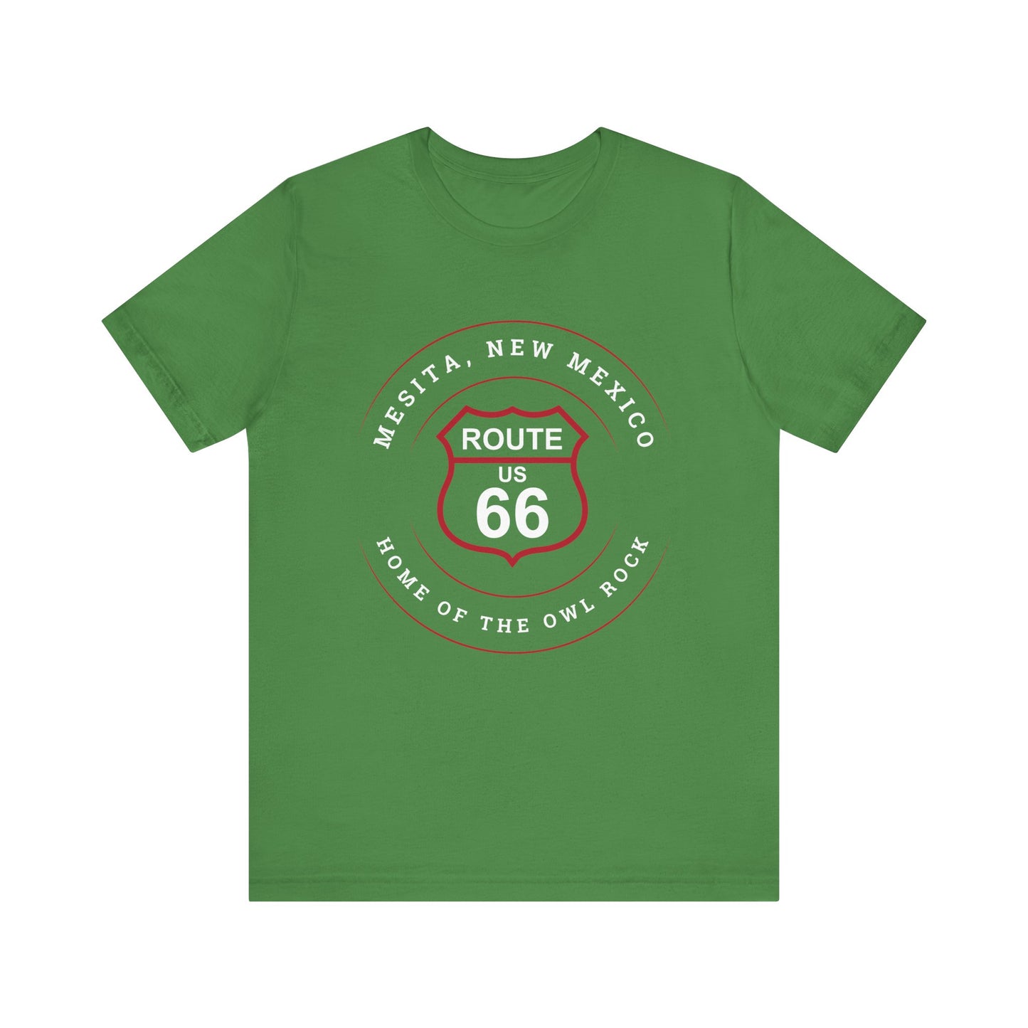 Leaf retro Route 66 unisex jersey tee with Mesita, NM: "Home of the Owl Rock" design