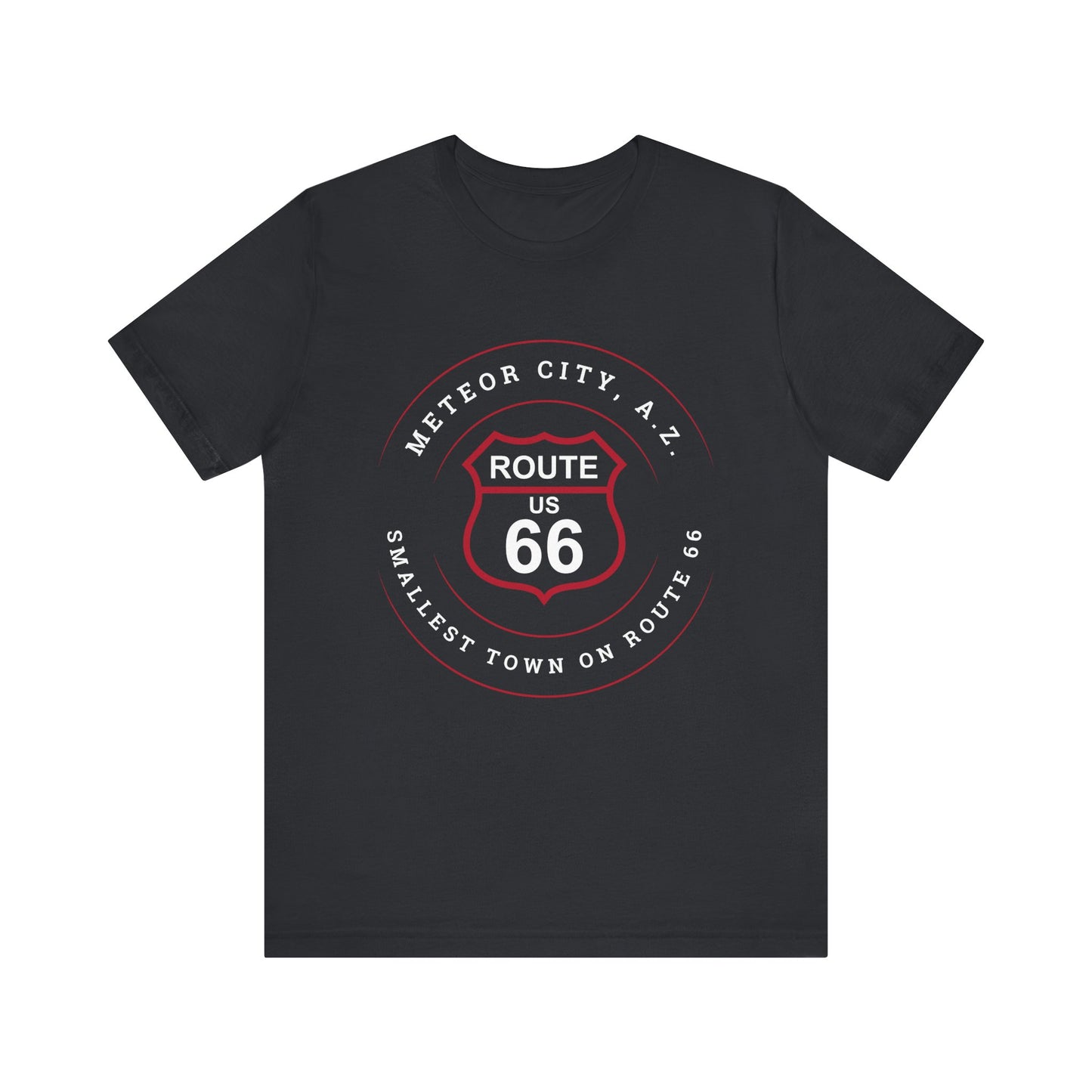 Black heather retro Route 66 unisex jersey tee with Meteor City, AZ: "Smallest Town on Route 66" design
