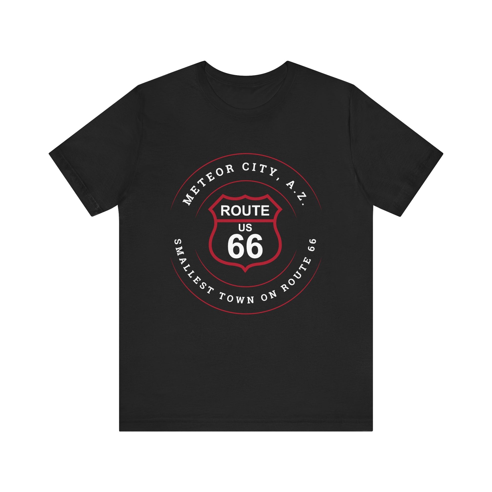 retro Route 66 unisex jersey tee with Meteor City, AZ: "Smallest Town on Route 66" design