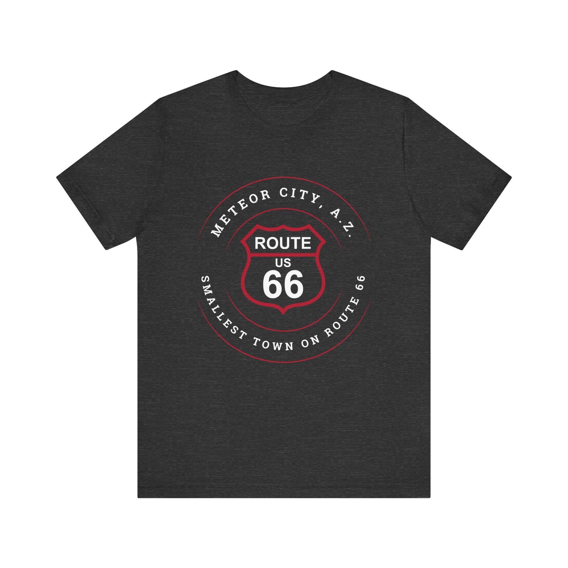 Dark grey heather retro Route 66 unisex jersey tee with Meteor City, AZ: "Smallest Town on Route 66" design