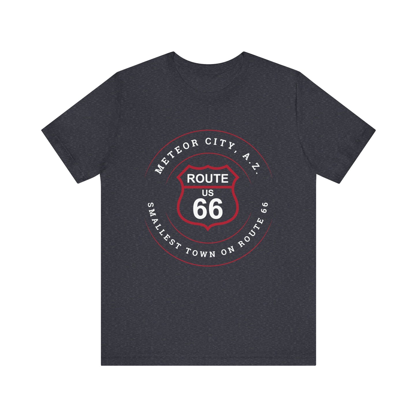 Heather navy retro Route 66 unisex jersey tee with Meteor City, AZ: "Smallest Town on Route 66" design