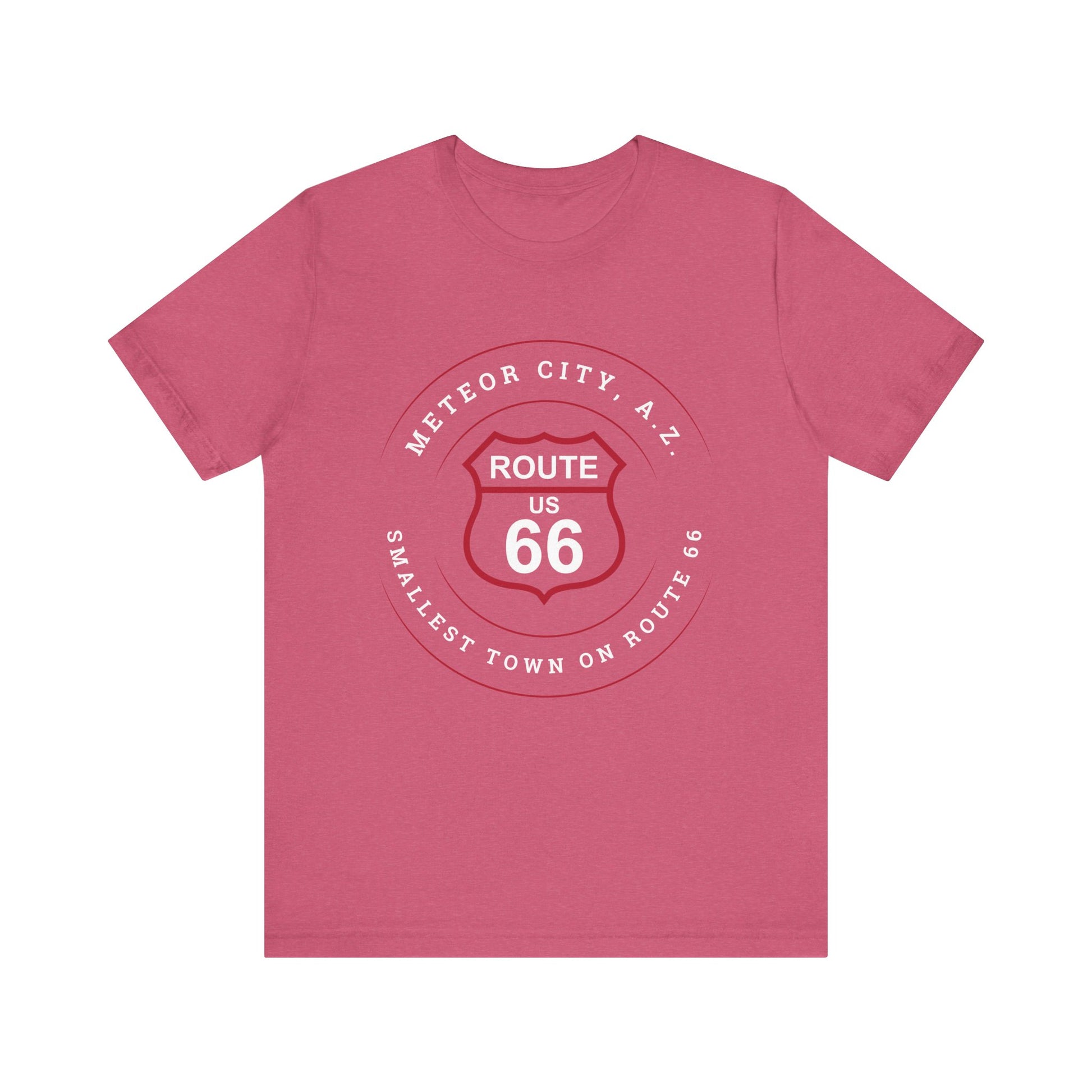 Heather raspberry retro Route 66 unisex jersey tee with Meteor City, AZ: "Smallest Town on Route 66" design