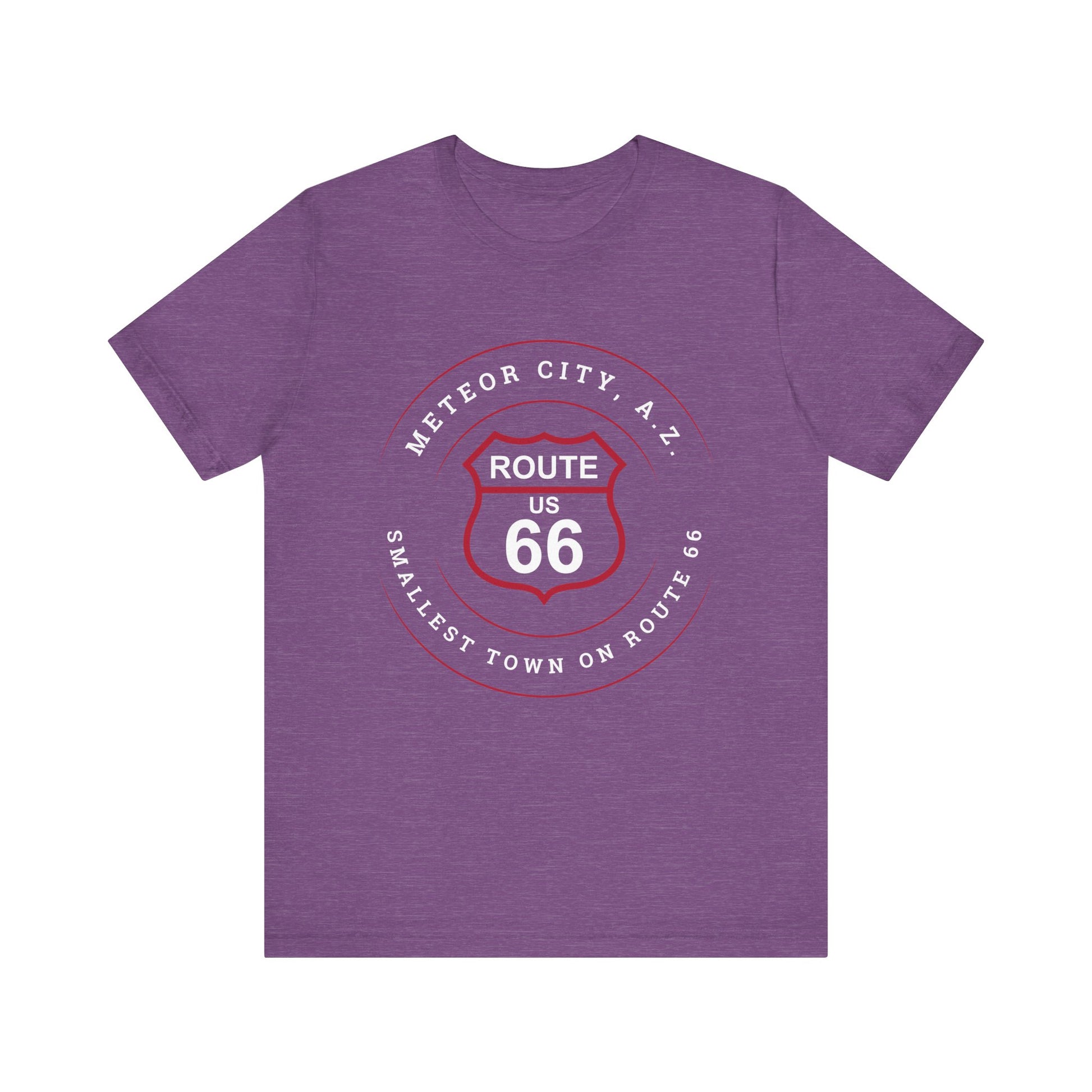 Heather team purple retro Route 66 unisex jersey tee with Meteor City, AZ: "Smallest Town on Route 66" design