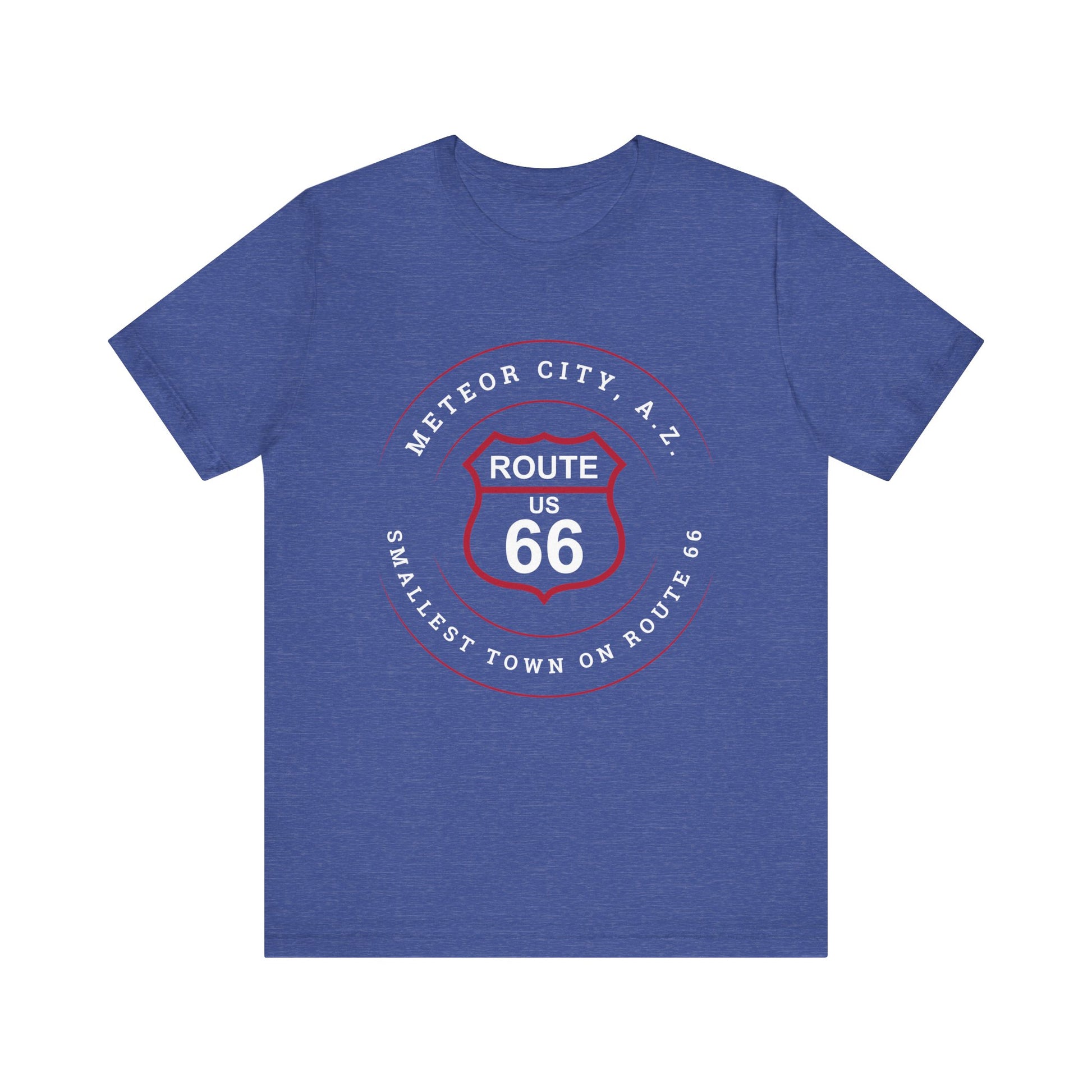 Heather true royal retro Route 66 unisex jersey tee with Meteor City, AZ: "Smallest Town on Route 66" design