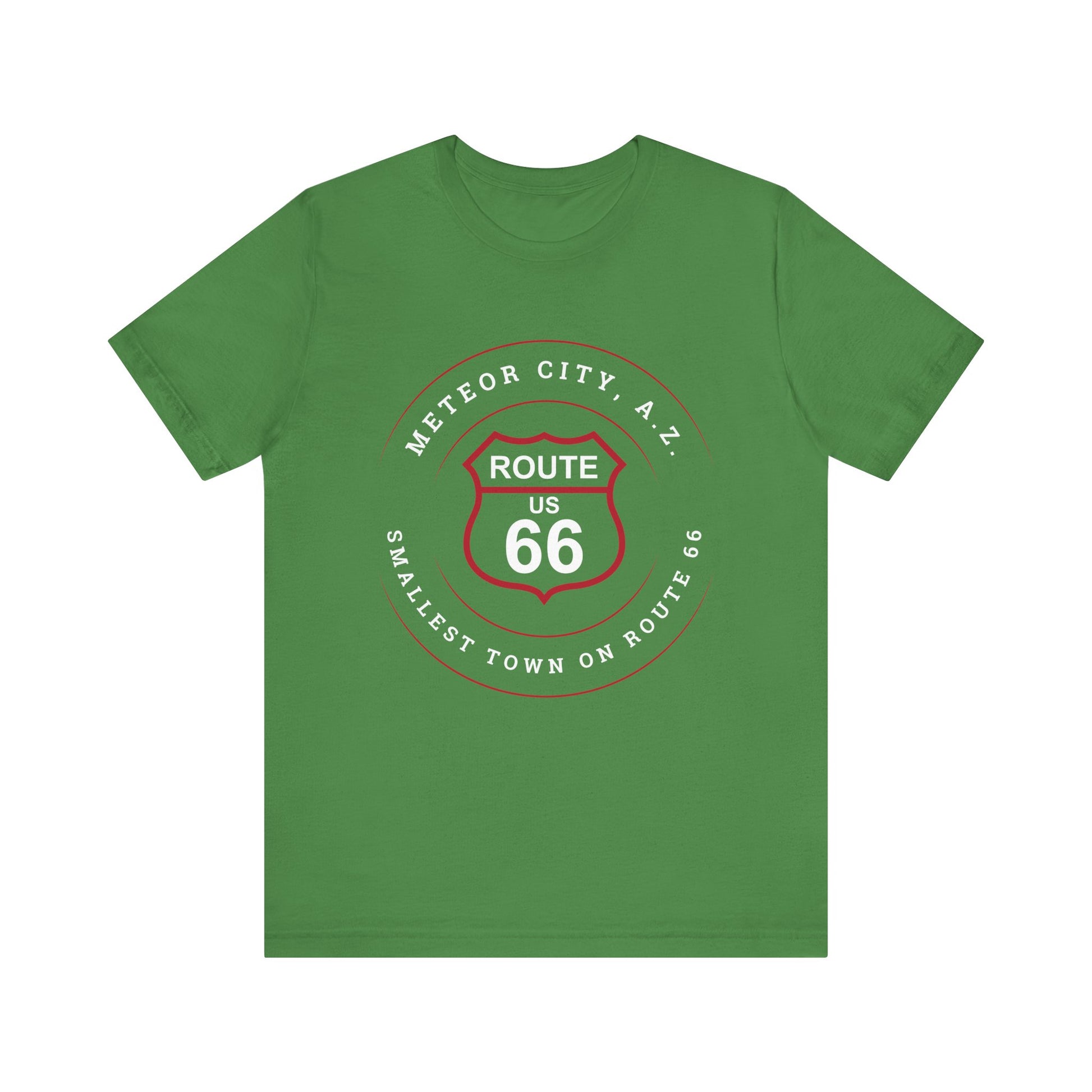 Leaf retro Route 66 unisex jersey tee with Meteor City, AZ: "Smallest Town on Route 66" design