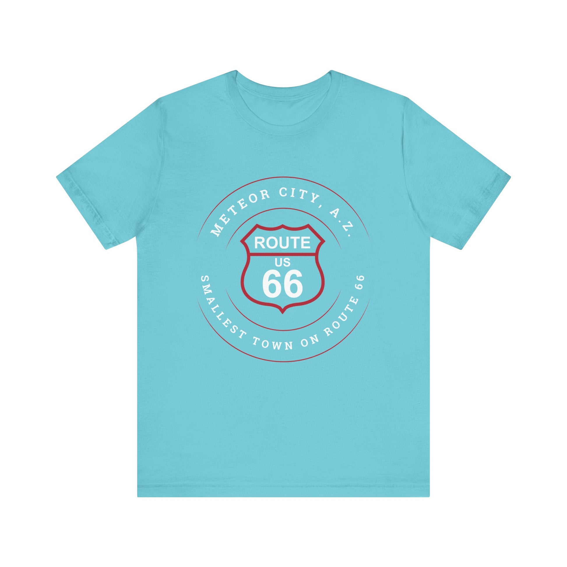 Turquoise retro Route 66 unisex jersey tee with Meteor City, AZ: "Smallest Town on Route 66" design