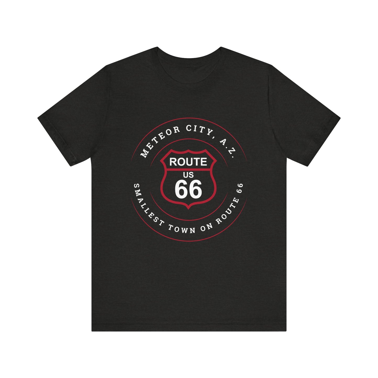 Vintage black retro Route 66 unisex jersey tee with Meteor City, AZ: "Smallest Town on Route 66" design