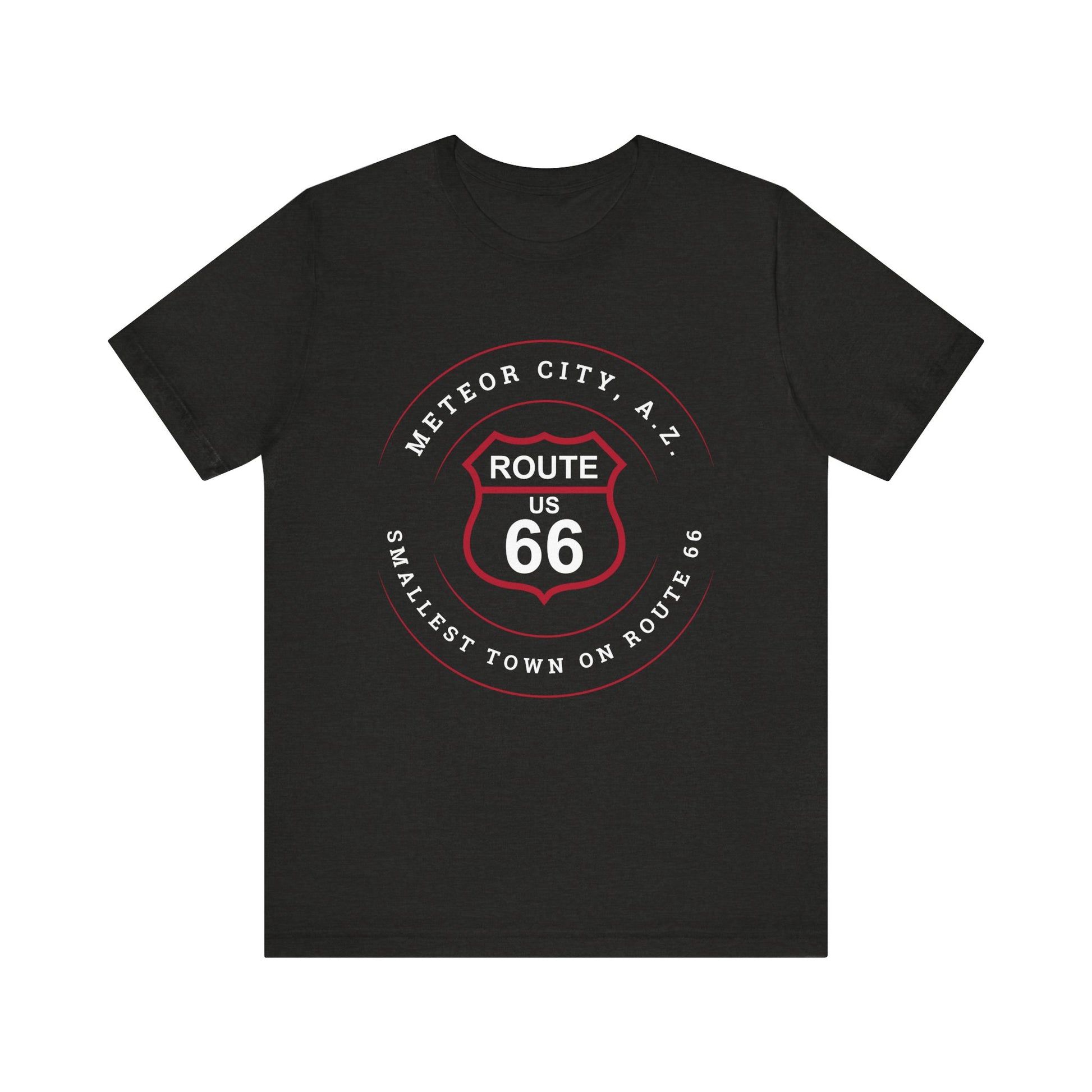 Vintage black retro Route 66 unisex jersey tee with Meteor City, AZ: "Smallest Town on Route 66" design