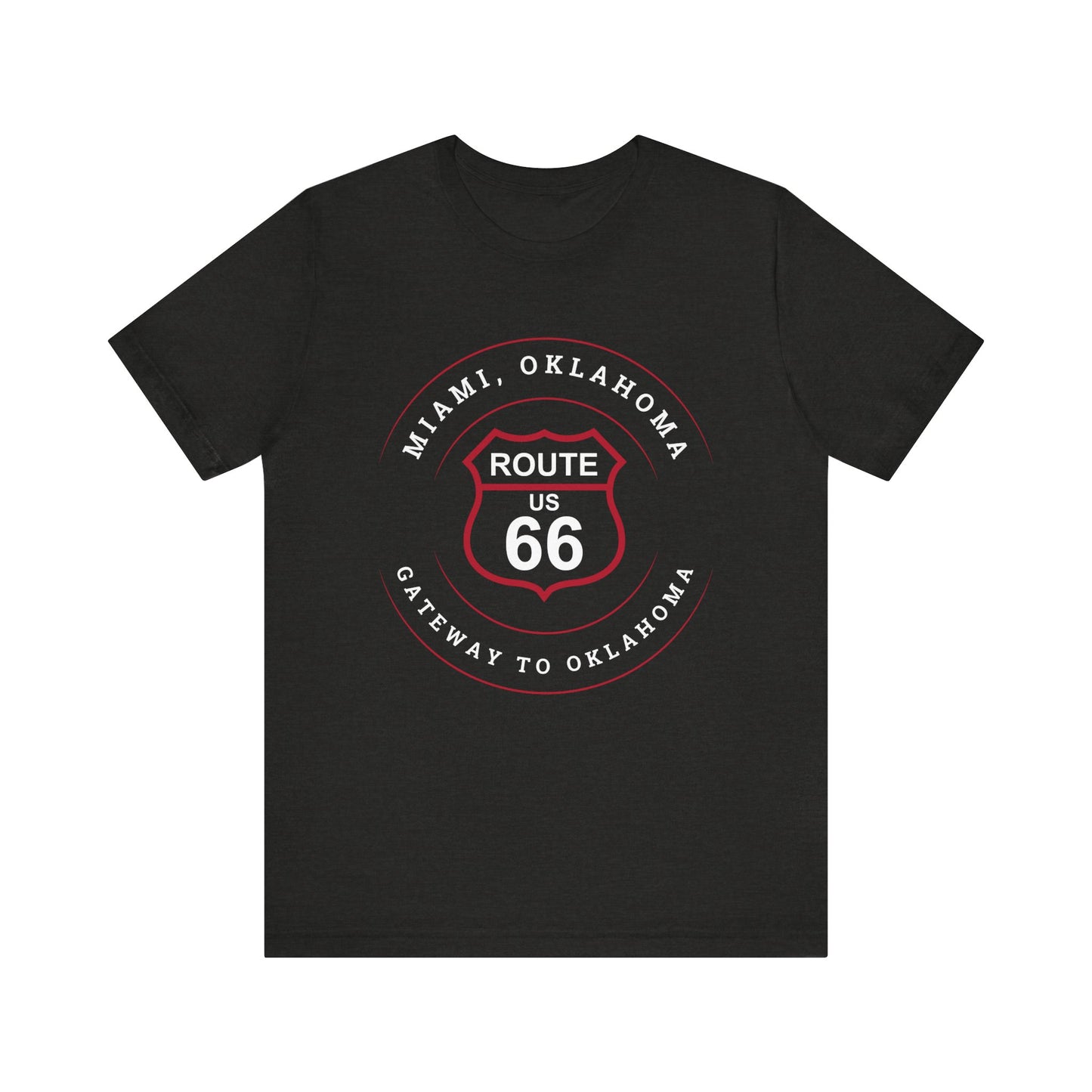 Black heather retro Route 66 unisex jersey tee with Miami, OK "Gateway to Oklahoma" design