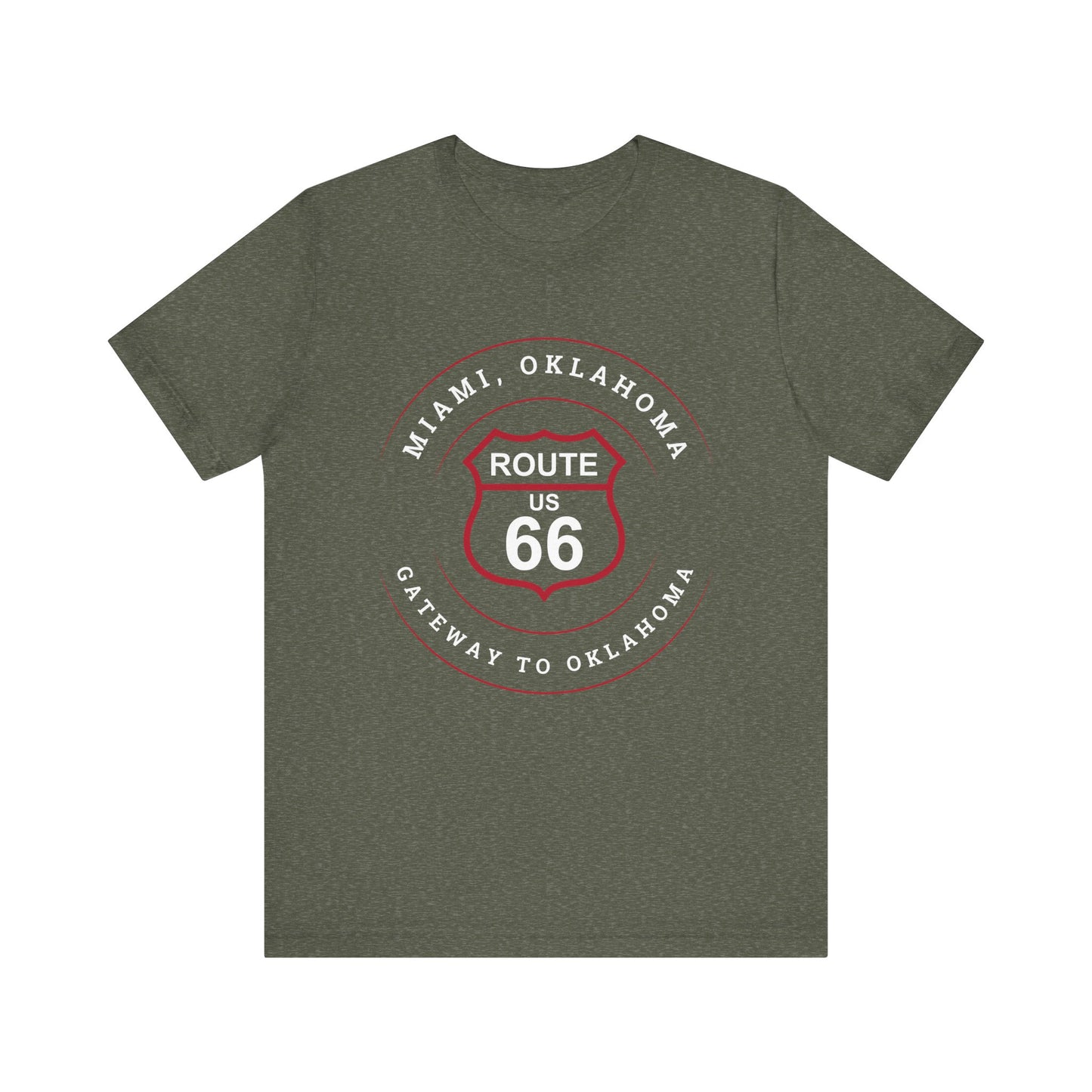 Heather military green retro Route 66 unisex jersey tee with Miami, OK "Gateway to Oklahoma" design