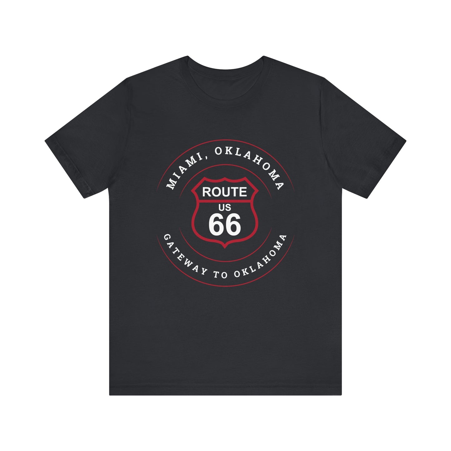 Vintage black retro Route 66 unisex jersey tee with Miami, OK "Gateway to Oklahoma" design