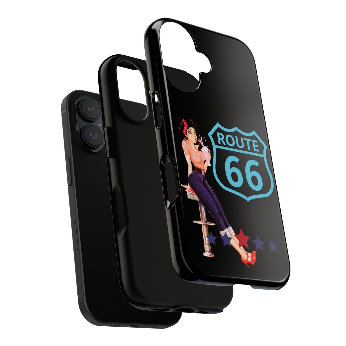 Exploded view of Route 66 Milkshake Girl iPhone case showing outer hard shell, inner silicone liner and retro Route 66 pin-up girl design