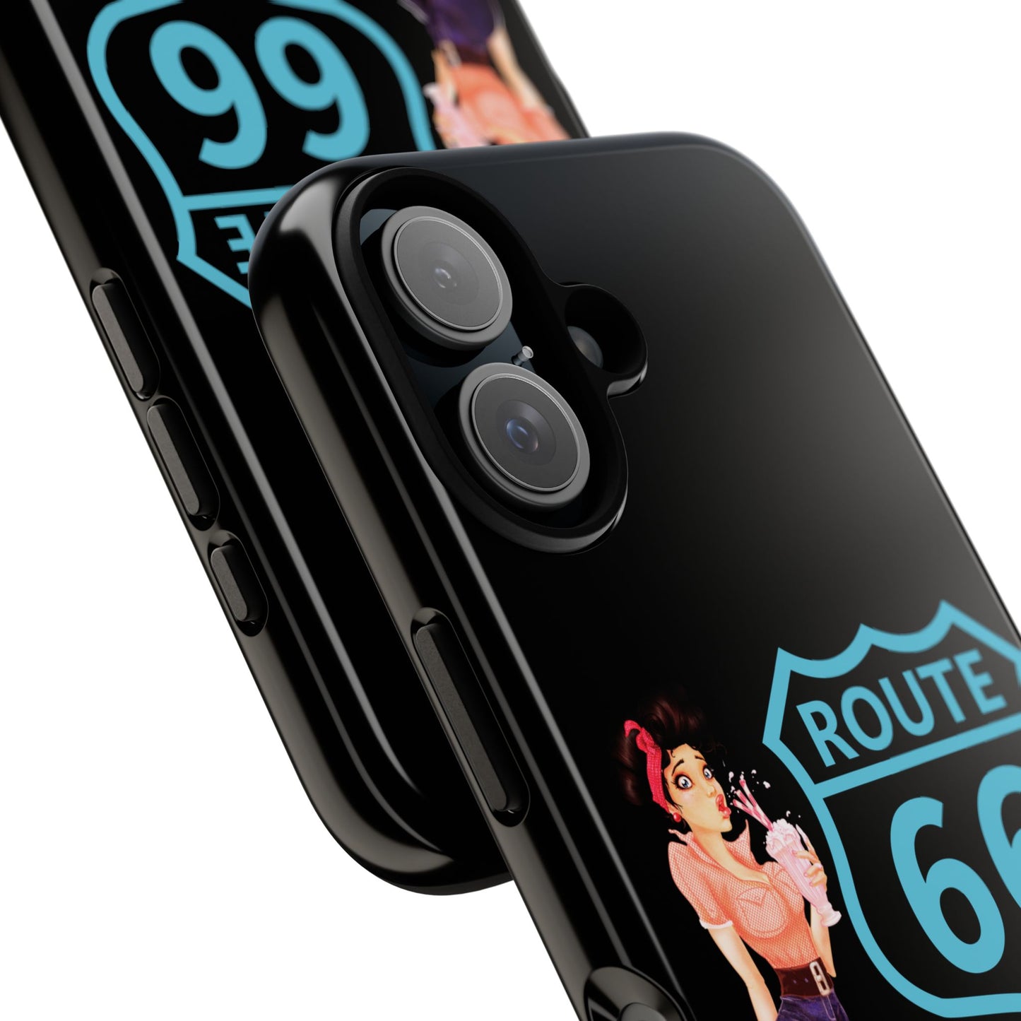 Close-up view of Route 66 Milkshake Girl iPhone case showing glossy finish, retro diner design and durable dual-layer protection