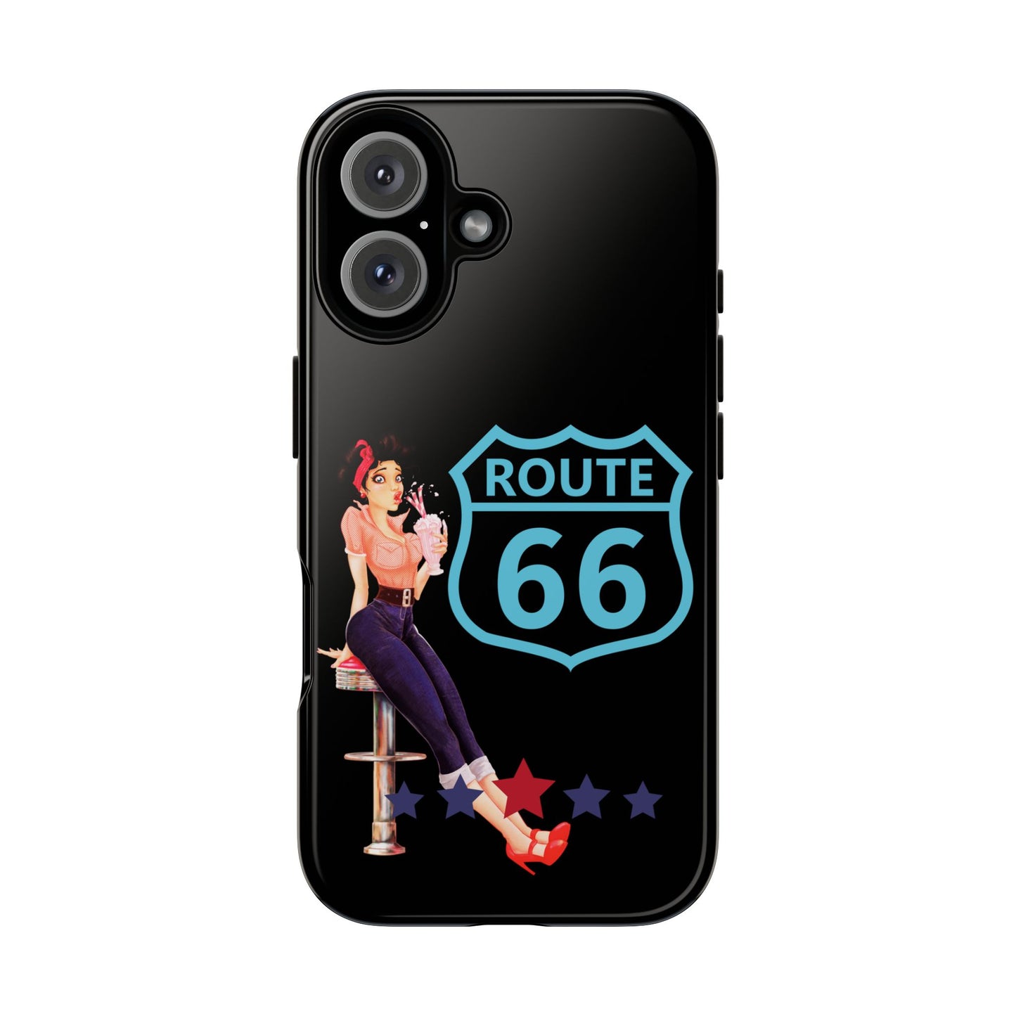 Front-facing view of Route 66 Milkshake Girl iPhone case featuring retro diner girl sipping milkshake and turquoise Route 66 shield design