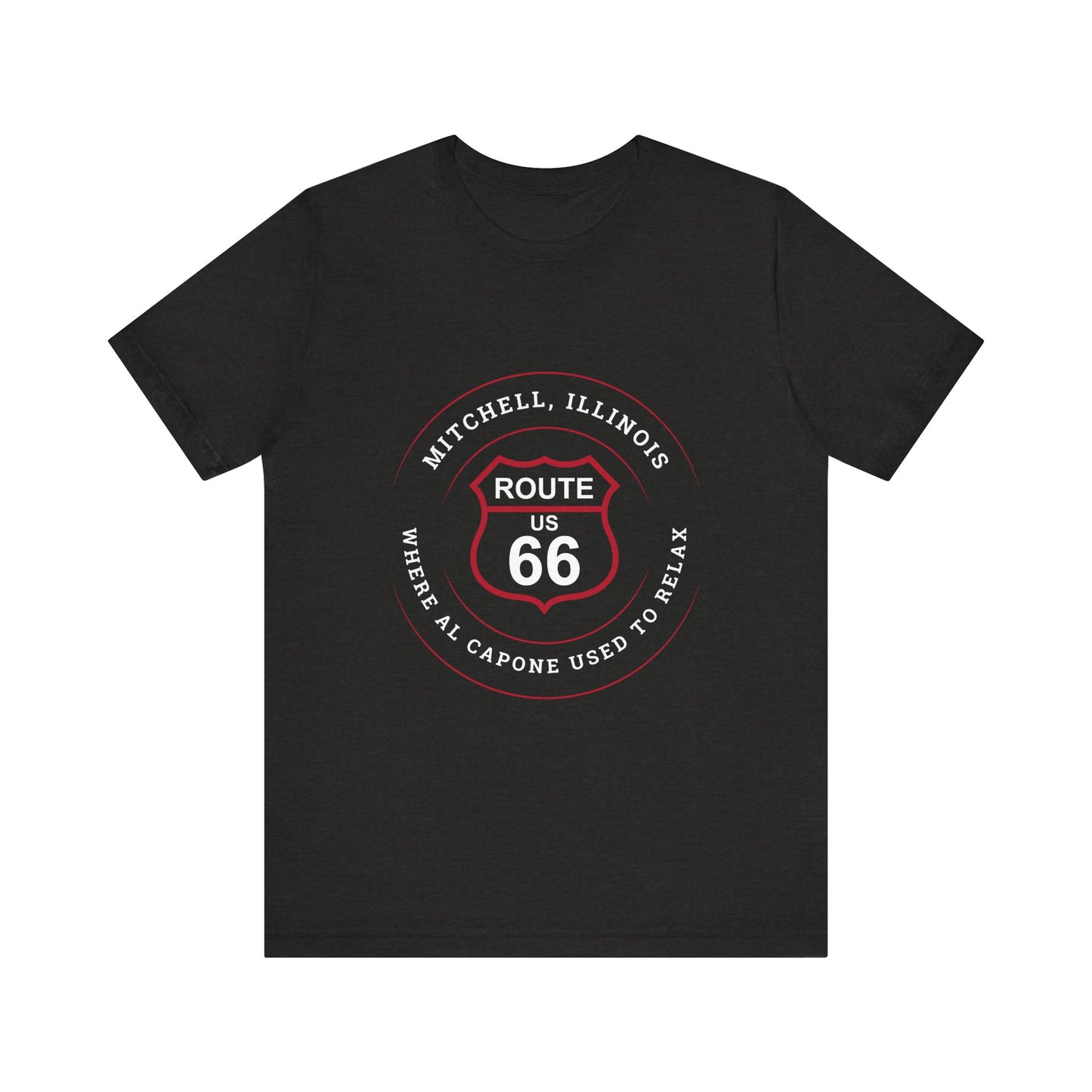 Black heather retro Route 66 unisex jersey tee with Mitchell, IL:: "Where Al Capone Used to Relax" design