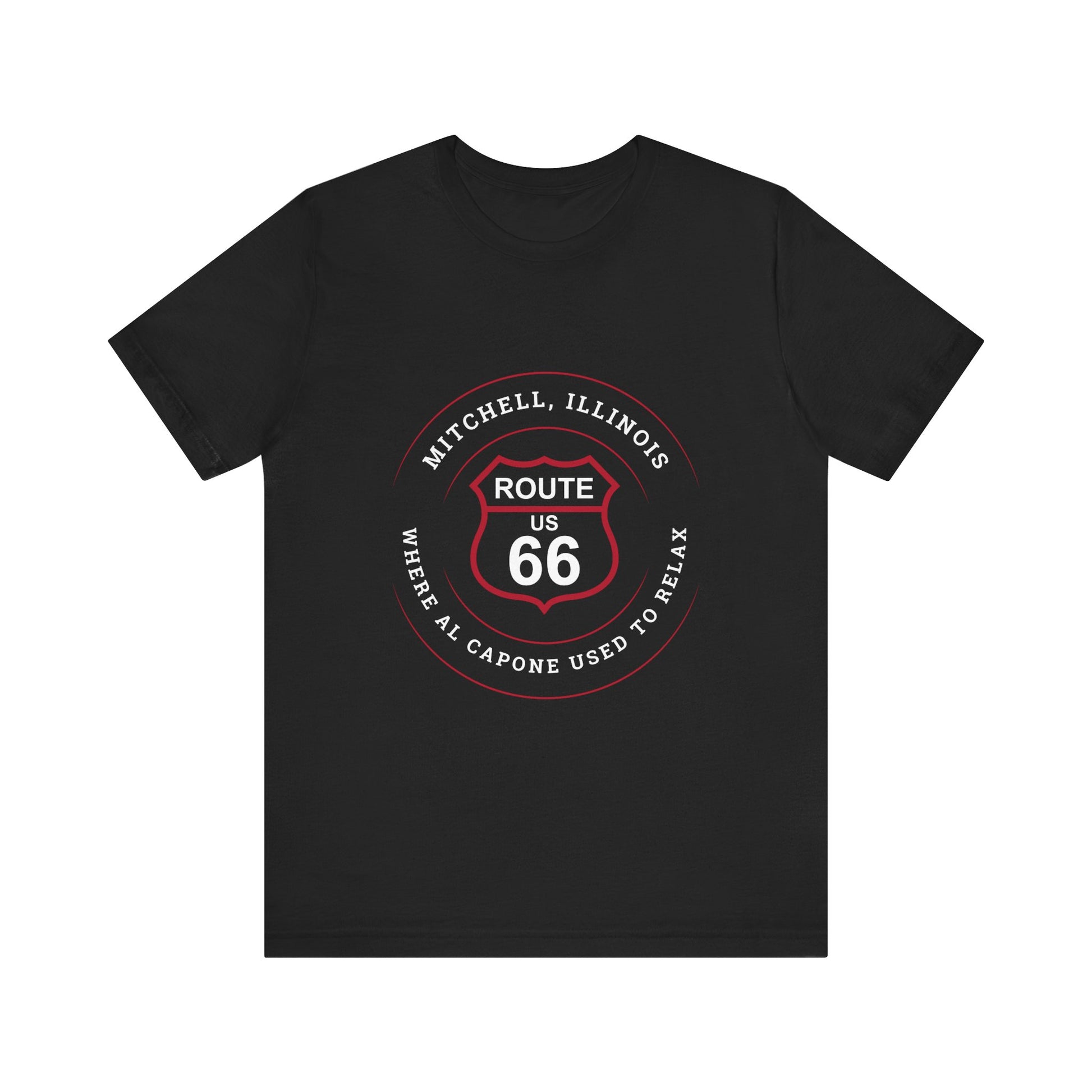 Black retro Route 66 unisex jersey tee with Mitchell, IL:: "Where Al Capone Used to Relax" design